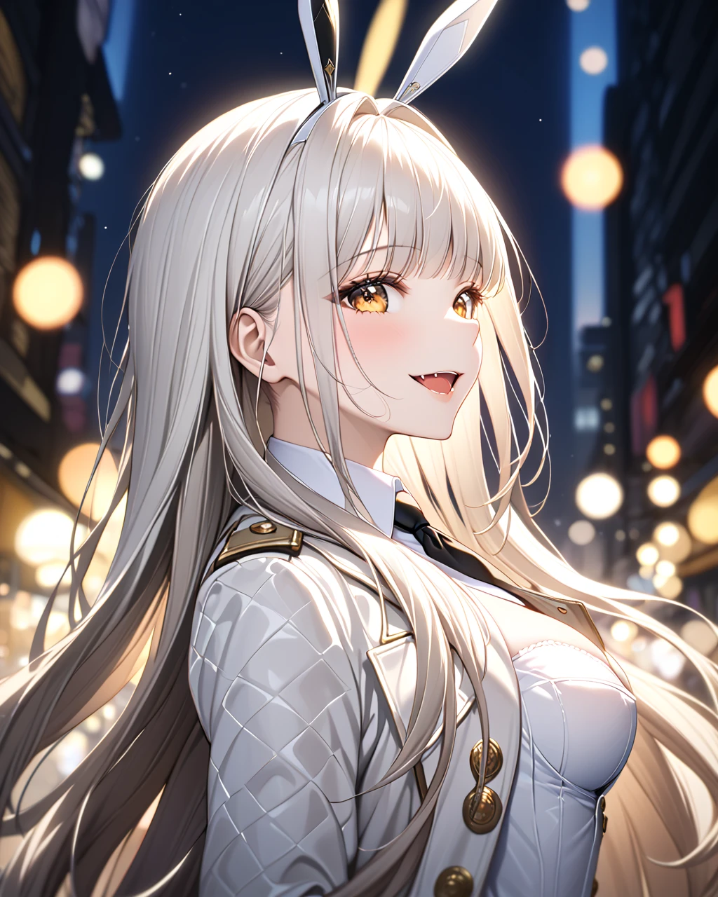 1girl, solo, FHD, Super Detail, top-quality, Very delicate, (upper body), cinematic lighting, ultra detailed, FHD, Super Detail, top-quality, Very delicate, side view, masterpiece, best quality, dynamic angle, incredibly absurdres, high detail eyes, tsurime, cute eyes, smile, open mouth, fang, full body, cute face, from right, turn to the side, blanc, white hair, hair intakes, bangs, very long hair, fake animal ears, yellow eyes, (over sized large mens military coat), (put on  over sized mens military coat), open cloth, playboy bunny, detached collar, short necktie, white leotard, cleavage, white fishnet pantyhose, wrist cuffs, medium breasts, polished nails, high heels,((bokeh)), winter, night town, shibuya, light, neon sign, (short focus lens:1.4), 