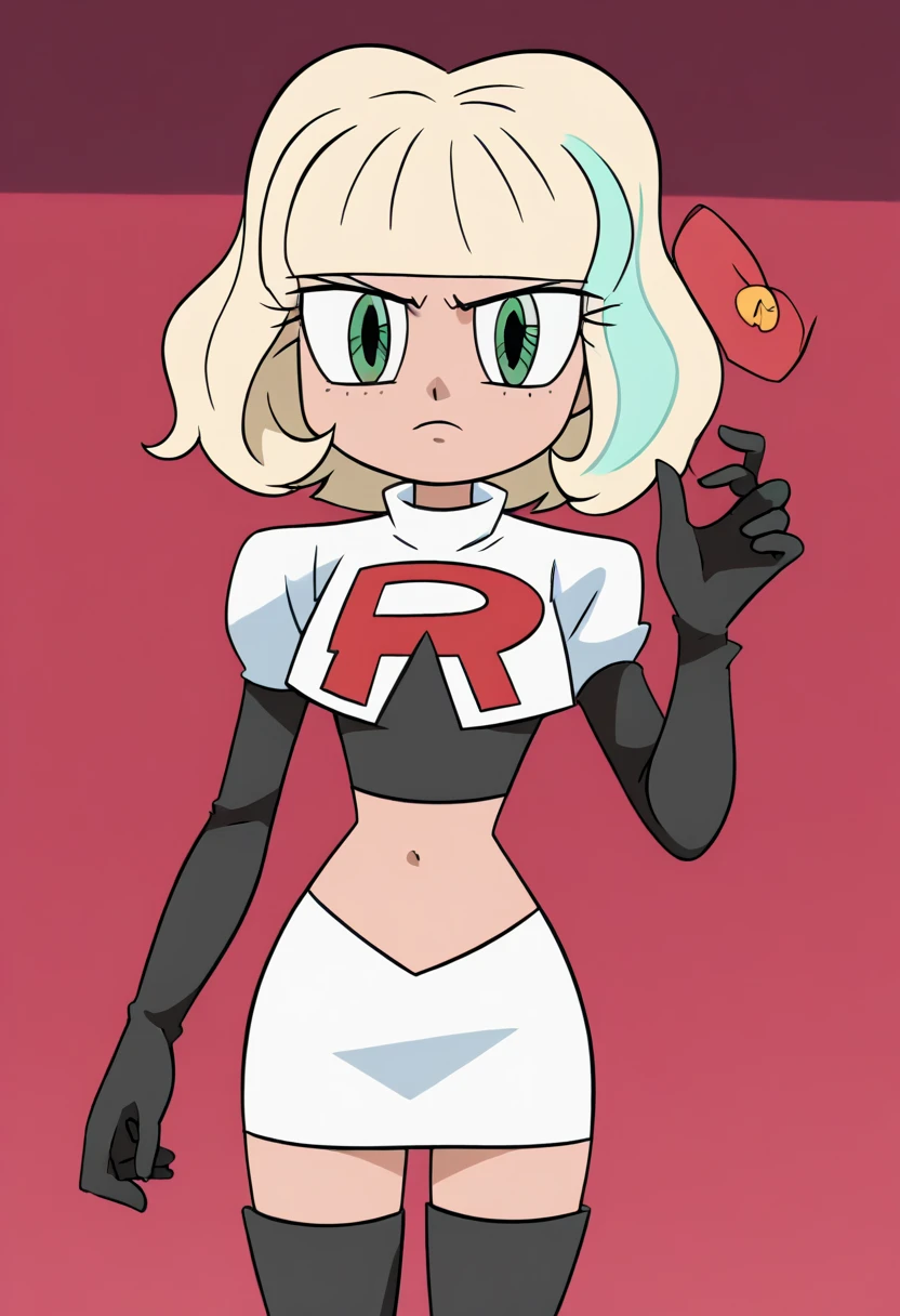 jackiel, blonde hair, 1girl, green eyes, solo, multicolored hair, short hair, bangs, team rocket,team rocket uniform,white skirt,red letter R,crop top,black thigh-highs,black elbow gloves, looking at viewer, score_9,toon \(style\),