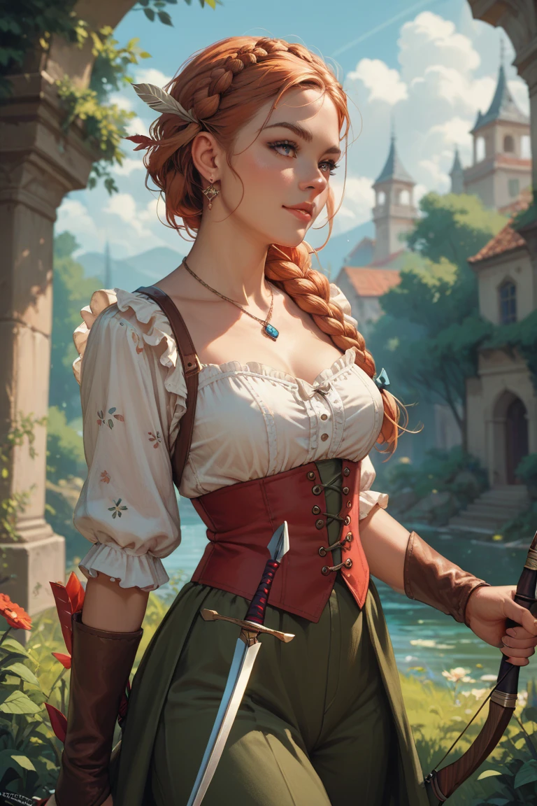 Redheaded girl braided with pretty peasant clothes pants and blouse with bow and arrow on her back and a dagger around her waist
