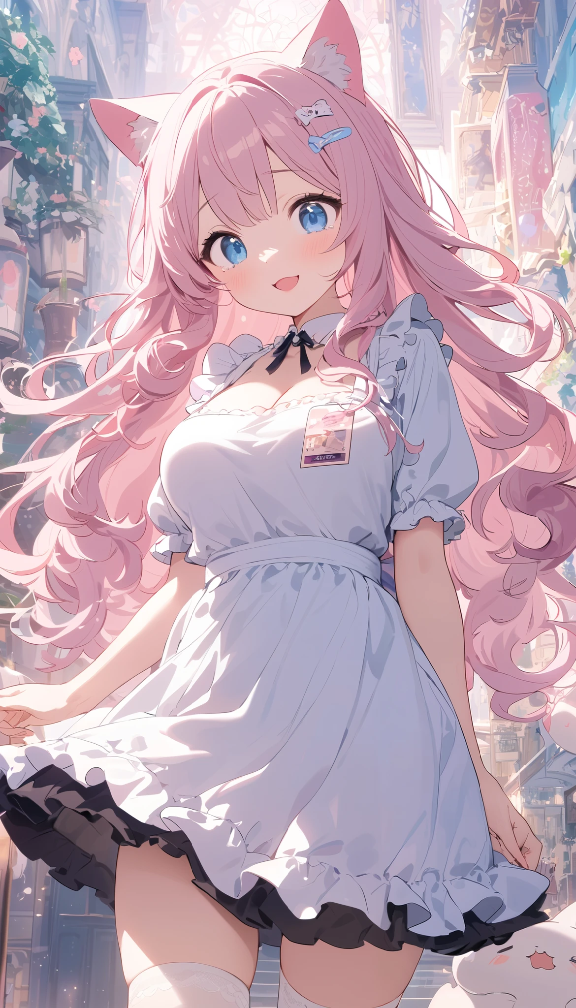 @Onigiri, One girl\(blue eyes,Big Eyes,Tears,(((Droopy eyes))),(Narrow eyes),cute,((Plump)), (Long Hair:1.3),(((pastel)) light-pink hair),(Wavy Hair:1.2),(Hair floating), Pale skin,(pink cheeks),((pink lips)),bangs, cat ears, dress\(short,((pastel)) ((pink)), (), Open Cleavage\),White apron, Large Breasts, Blurred foreground, , bokeh,Depth of written boundary, smile, Open your mouth, Tall, Cheerful attitude,((cute hairpins)),((pink lips)),White garter thigh high socks,((ＩＤCards from the neck))\), ((pastel colors)), break ,background\(Dreamland, ((pastel colors)),Many lights\), break ,quality\(8k,Extremely detailedＣＧUnit wallpaper, masterpiece,High resolution,top-quality,top-quality real texture skin,Surreal,Increase the resolution,RAW Photos,highest quality,Very detailed,wallpaper,Cinematic Lighting,Ray-tracing,Golden Ratio,\)