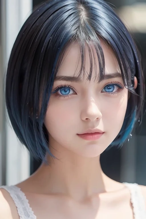 Short Hair Girl,  blue hair,  blue eyes, Blue matching , confident