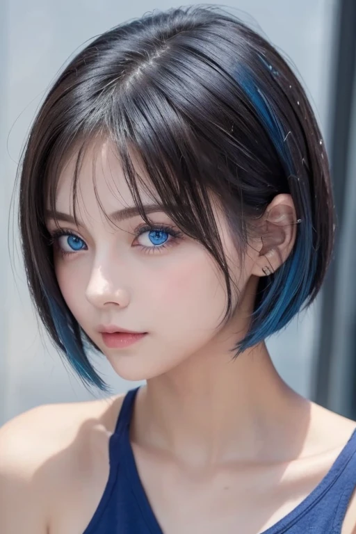 Short Hair Girl,  blue hair,  blue eyes, Blue matching , confident