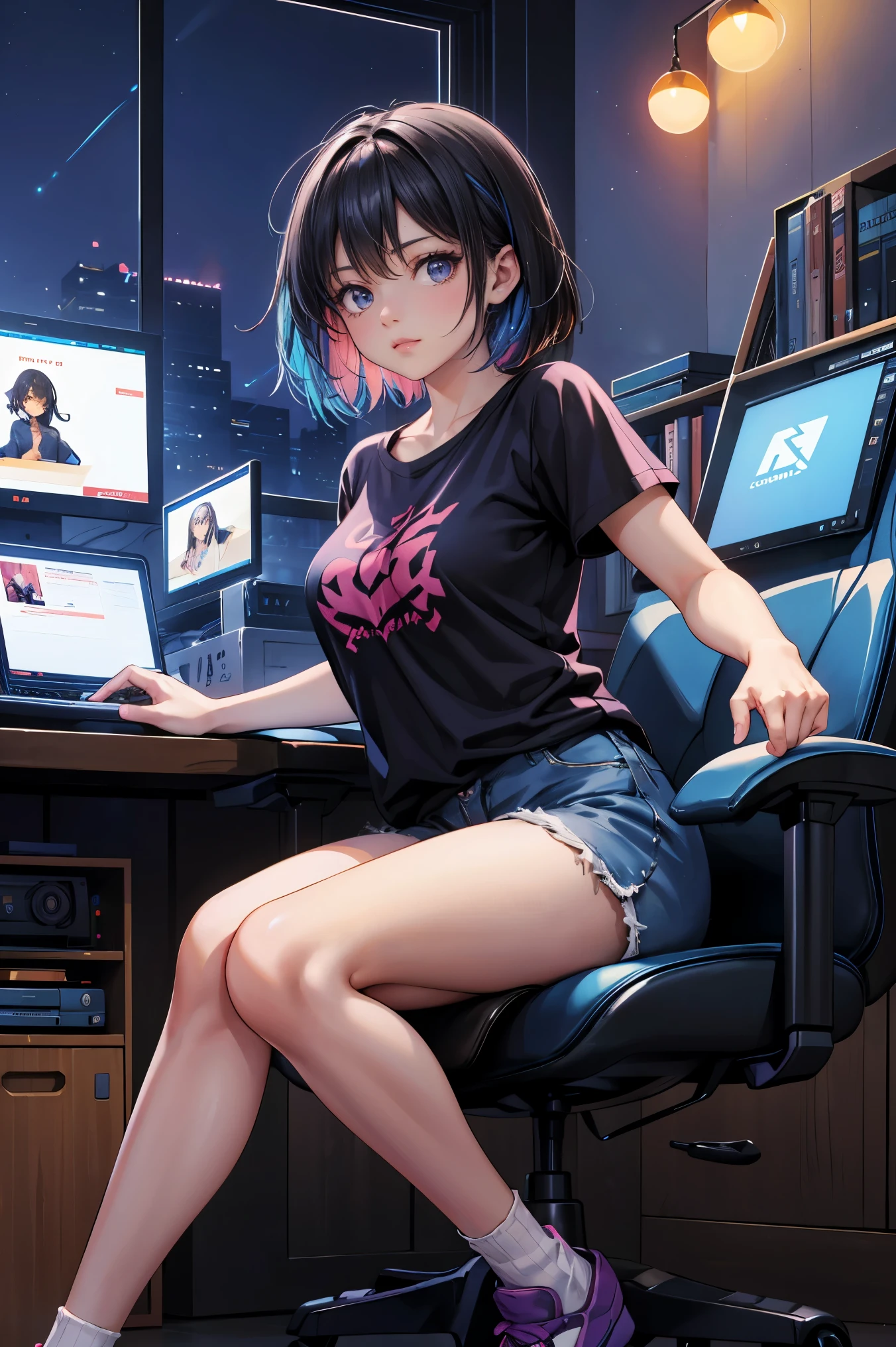 A woman,1girl, she is sitting on a gaming chair at a 2:3 angle, wearing an oversized t-shirt and shorts, looking at a computer screen. short messy black hair, and it's nighttime. The scene is lit by colorful lights emanating from the computer screen. Behind her are anime posters and an anime bookshelf. The scene is rendered in a modern oil painting style combined with digital painting techniques, featuring large color blocks, with purple and blue as the dominant tones.dynamic pose,modern background.oil painting,painting in large arrays of colors,stable colors,good coordination,no color conflicts, dynamic light,anime artstyle.look at computer screen, half body