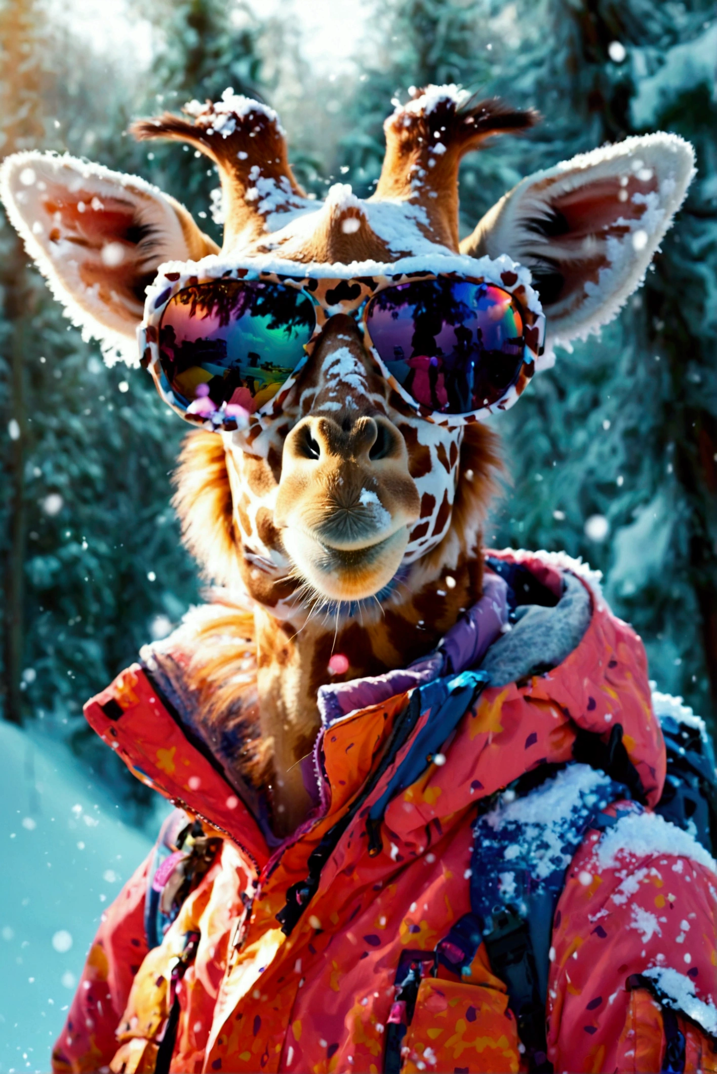  cute giraffe in snowboard clothes becomes a snowboard magazine model、Miniature characters are amazing 、 cute poses、  wear pastel colored clothes 、 mirror lens 、reflection、  detail 、HDR、contract、8 k、Snowboard style 、 Ingenious angles 、 very  detail、 masterpiece fails、 engraving lighting  、simple color background