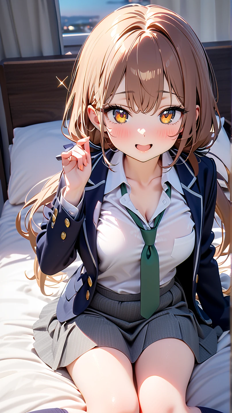1 girl, alone, pretty girl,highest quality, Super detailed, 8k, High resolution, whole body, Looking up from below, Looking down at the viewer, Detailed face, A light smile, A kind smile, Black Dress, White shirt,Tucked up, Short sleeve, Green bow tie, nsfw, masturbation, breast grab(Chest grab),nsfw,Tucked up, Show off your breasts,Lying in bed,　Half naked,  sex, Heart symbol, Sweat, 