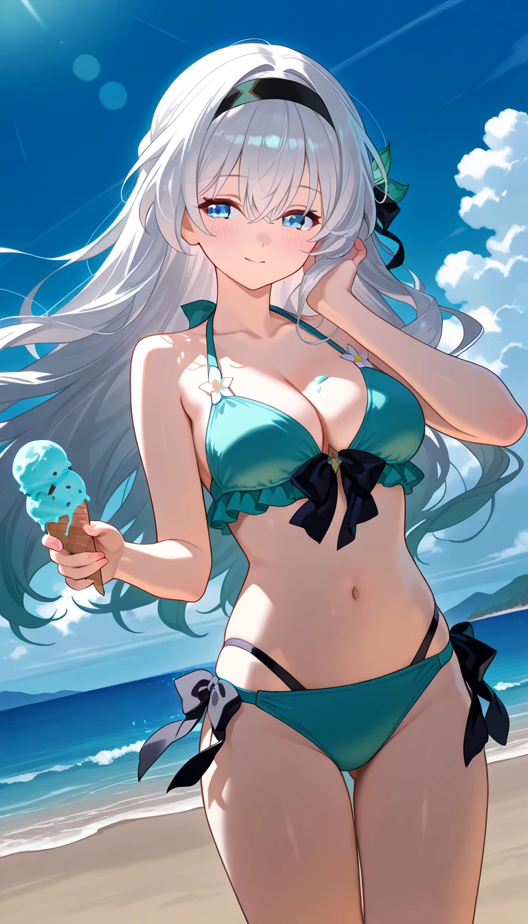 (High quality anime art), (Anime girl), white hair, (Long hair), (Hair flowing in the wind: 0.9), ((Detailed eye)), blue eyes, holding ice cream, aqua bikini, elegant, (Cold ambient lighting: 0.9), (vibrant color: 0.7), (Detailed color: 0.9), Beach background, summer day, aesthetic pose, serene relaxed mood.