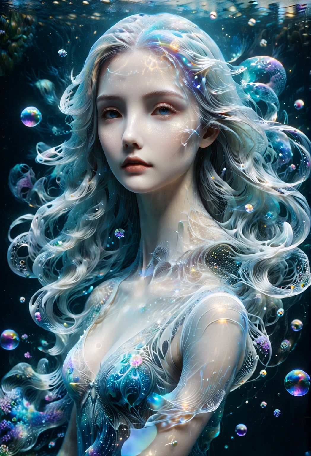 Masterpiece, High Quality, Ocean Forest, City, Fantastic Fantasy, Glowing Plants, Coral Viaduct, (Swarm of Glowing Jellyfish), (Shoal of Fish with Transparent Wings Flying in the Sky), Misty, Extreme Detail, Morning Light, Epic Composition, (Intricate Detail), (Intricate Design, Ultra Detail: 1.2), Art Station, (Masterpiece, Best Quality), Ultra HD, 32k ,castle,1girl