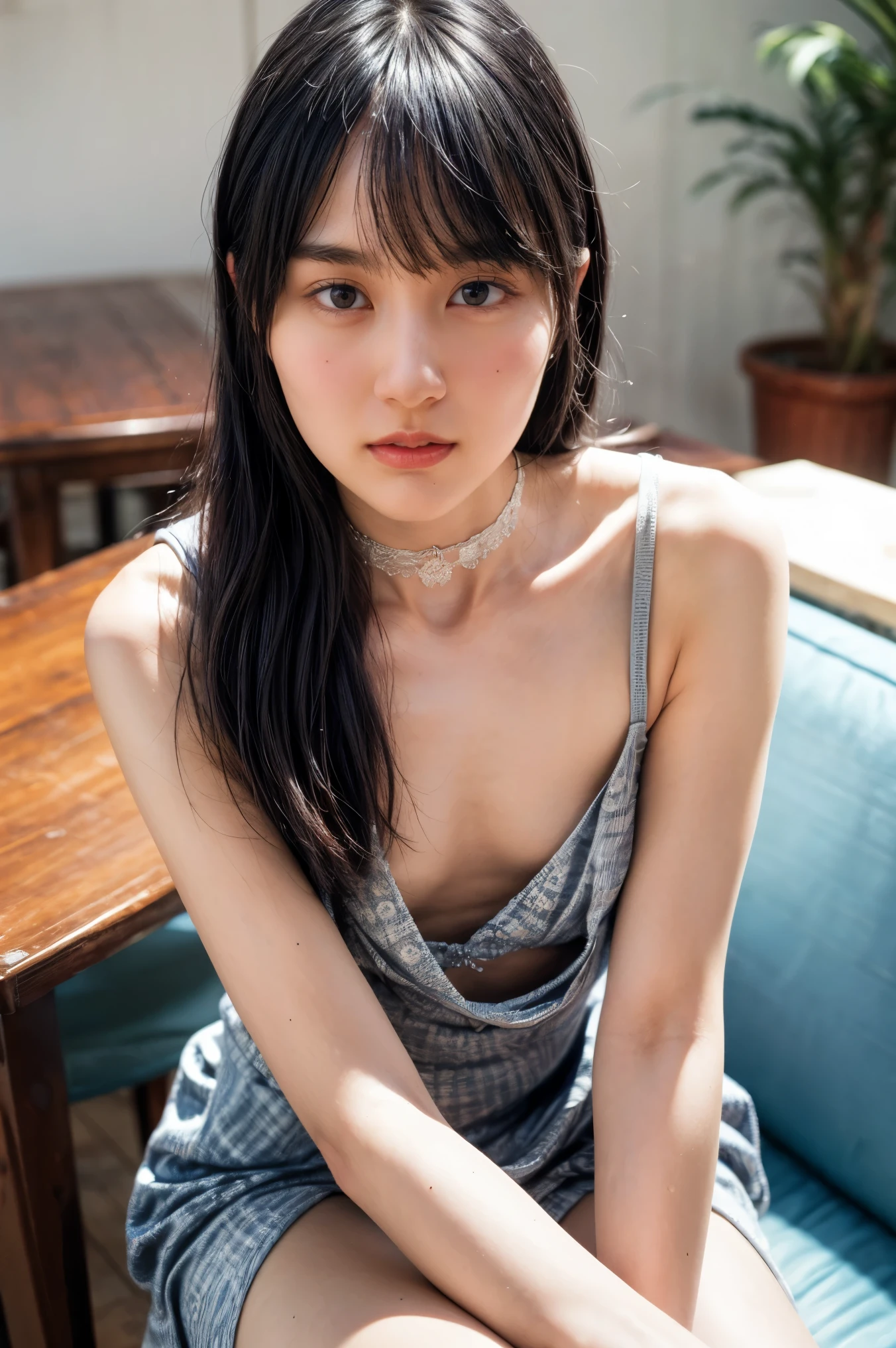 The high resolution photograph of a 23 years old beautiful Japanese woman, (realistic, photo-realistic:1.37), (best quality, masterpiece), 8k, RAW Photo, intricate details, extremely detailed, sharp focus, professional lighting, solo, 1girl, tall, (flat chest:1.4), pale skin, fine-textured skin, straight long black hair,,,,(revealing dress:1.2), (choker, jewelry), pumps,,(sitting leaning forward on a stool:1.4),,,,(face focus, close-up, posing for gravure photography, erotic posture), detailed face, detailed beautiful eyes, sophisticated nose, (perfect anatomy, two perfect anatomical arms, two perfect anatomical hands, two perfect anatomical legs),,, photo background, indoors, coffee shop, crowds,