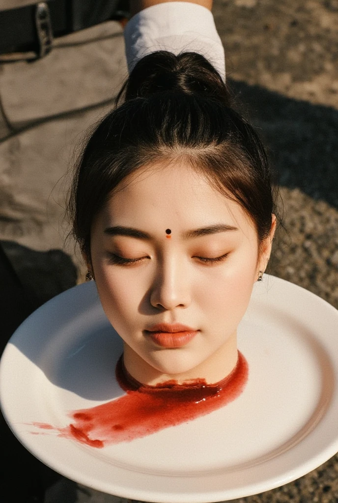 A severed head of a beautiful chubby actress was placed on a platter held by waiter. There were bloodstains around the edges of her neck. The amputated head had a dark ponytail hairstyle, a bindi precisely between her eyebrows, and her eyes were closed. Her mouth was slightly apart, and she wore an earring, a tiny nose ring, and natural makeup. The severed head displayed the full details of her realistic face, and there was no hint of a smile, giving the impression that she was lost in thought rather than lifeless, all set against a backdrop of daylight.