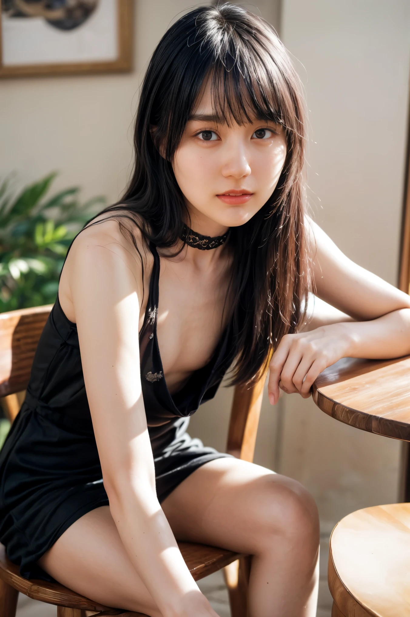The high resolution photograph of a 23 years old beautiful Japanese woman, (realistic, photo-realistic:1.37), (best quality, masterpiece), 8k, RAW Photo, intricate details, extremely detailed, sharp focus, professional lighting, solo, 1girl, tall, (flat chest:1.4), pale skin, fine-textured skin, straight long black hair,,,,(revealing dress:1.2), (choker, jewelry), pumps,,(sitting leaning forward on a stool:1.4),,,,(face focus, close-up, posing for gravure photography, erotic posture), detailed face, detailed beautiful eyes, sophisticated nose, (perfect anatomy, two perfect anatomical arms, two perfect anatomical hands, two perfect anatomical legs),,, photo background, indoors, coffee shop, crowds,