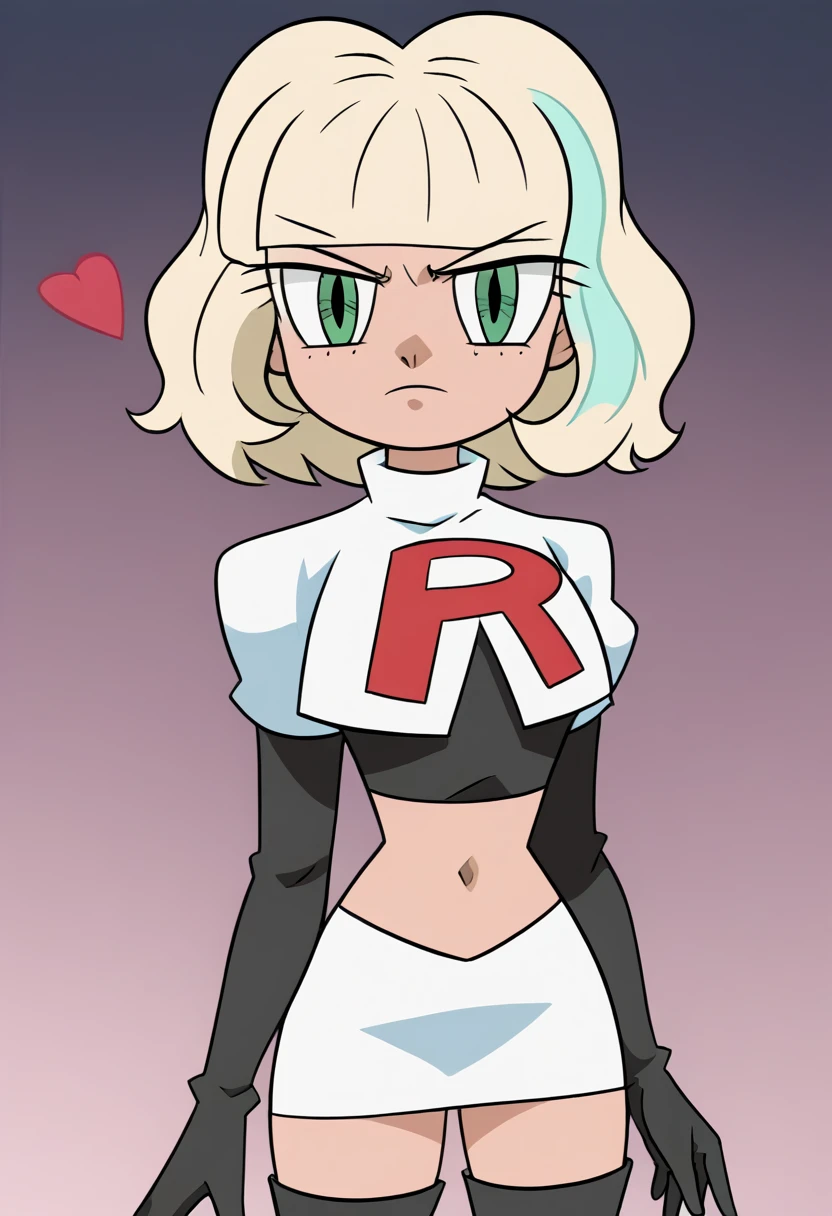 jackiel, blonde hair, 1girl, green eyes, solo, multicolored hair, short hair, bangs, team rocket,team rocket uniform,white skirt,red letter R,crop top,black thigh-highs,black elbow gloves, looking at viewer, score_9,toon \(style\),