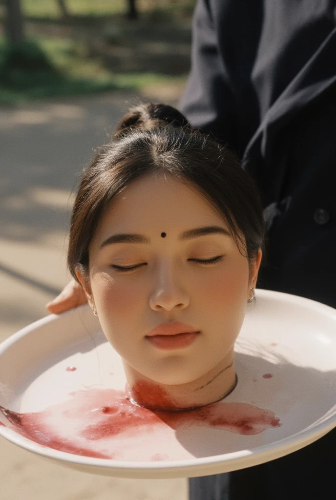 A severed head of a beautiful chubby actress was placed on a platter held by waiter. There were bloodstains around the edges of her neck. The amputated head had a dark ponytail hairstyle, a bindi precisely between her eyebrows, and her eyes were closed. Her mouth was slightly apart, and she wore an earring, a tiny nose ring, and natural makeup. The severed head displayed the full details of her realistic face, and there was no hint of a smile, giving the impression that she was lost in thought rather than lifeless, all set against a backdrop of daylight.