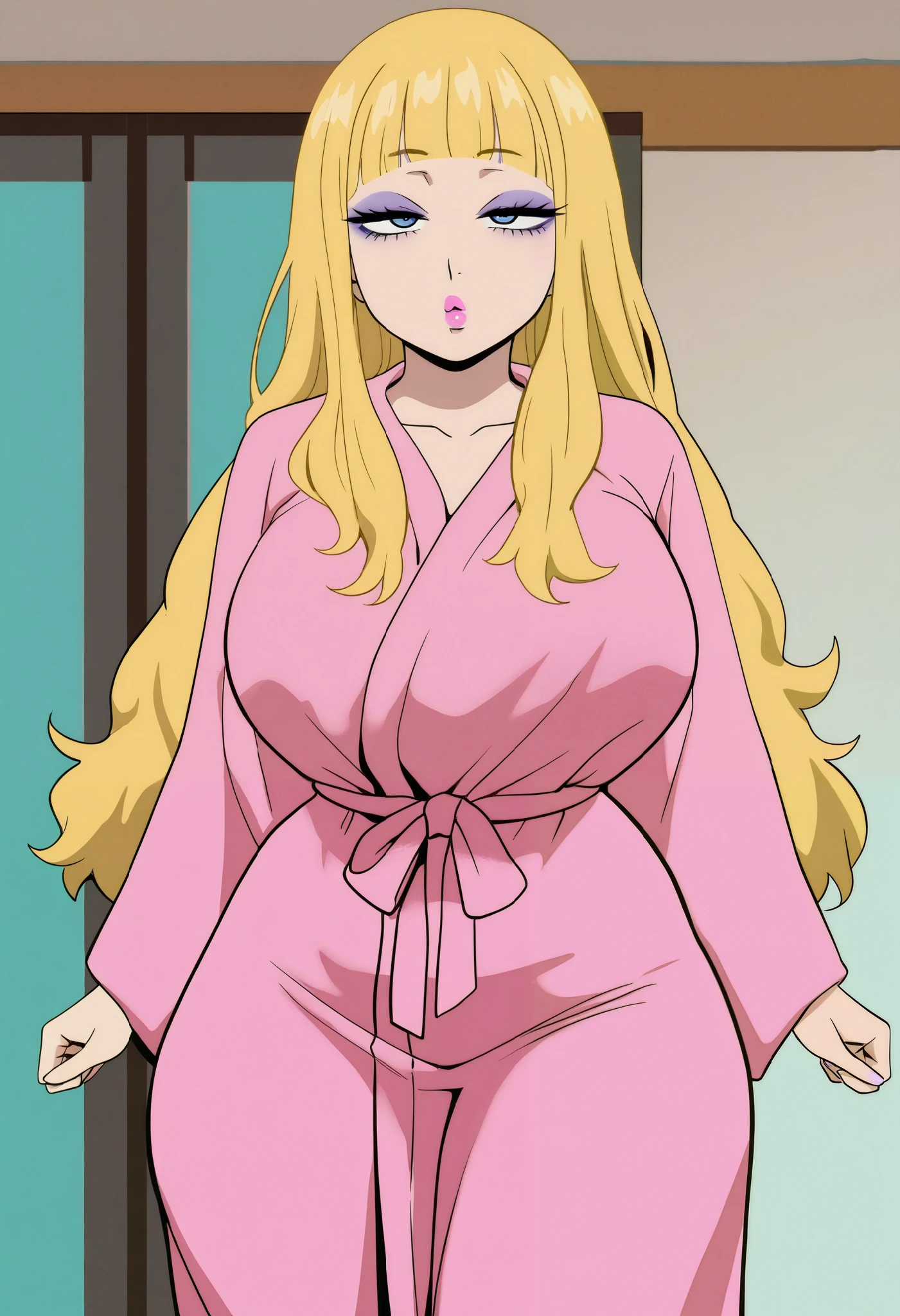 South Park screencap style of a woman with long blonde hair shinny hair blunt bangs blue eyes purple eyeshadow pink lips glossy lips pouty lips wide hips wearing a pink bath robe score_9_up, score_8_up, masterpiece, best quality
