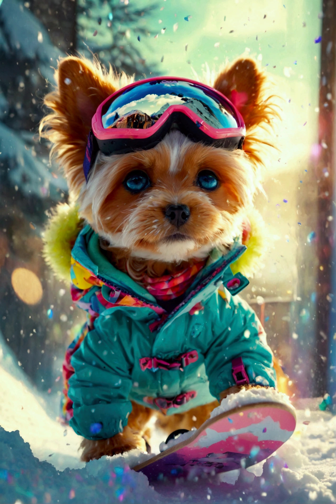   cute puppy in snowboard clothes becomes a snowboard magazine model、Miniature characters are amazing 、 cute poses、  wear pastel colored clothes 、 mirror lens 、reflection、  detail 、HDR、contract、8 k、Snowboard style 、 Ingenious angles 、 very  detail、 masterpiece fails、 engraving lighting  、simple color background