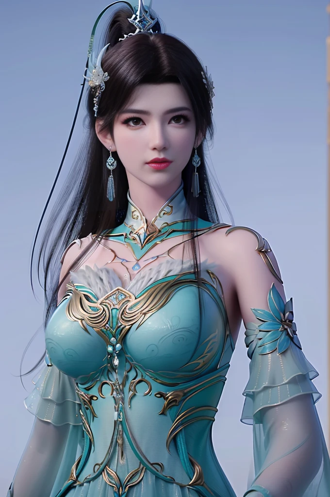 (masterpiece), (best quality:1.5), 8k, Very perfect, Very smooth, (Very clear:1.3), Very detailed, ferpect detailed, absurd, (highres),(Crystal skin),
xuner,1 girl, solo, black hair, long hair, ponytail, hair decoration, green dress, gold decoration, (sleeve length:1.1), see-through sleeves, detached collar, shiny clothes, shiny skin, earrings, jewelry , closed mouth, small smile, breasts, (pale skin:1.2), thin, narrow waist, (Glowing skin), (oil skin), (Pale skin),(Wet skin),
(gloss:1.3), slender legs, high heels, wind lifter, dynamic pose, branch, (plum blossom: 1.2), blue sky, (upper body:1.3), ferpect lighting, (Looking at viwer:1.7), (big breasts:1.5), 