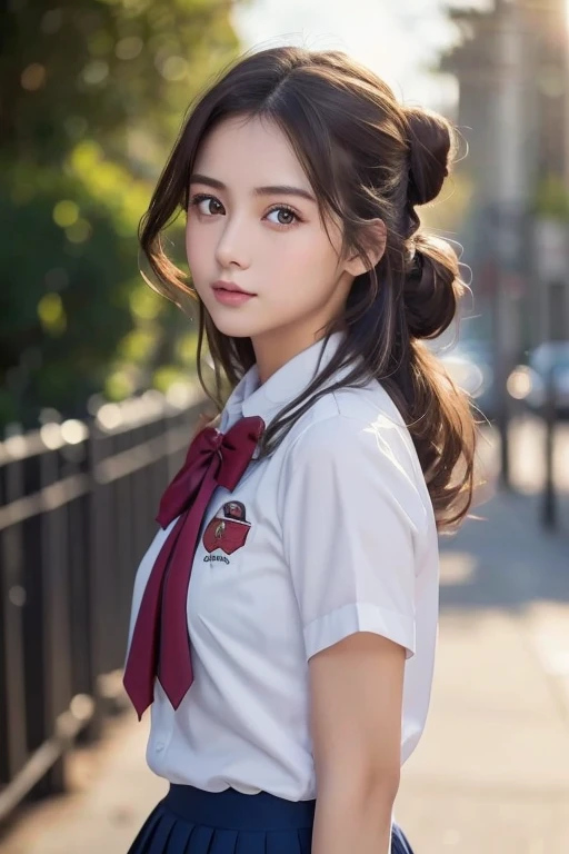   Brown Hair  ,  Dark Eyes,   white skin,  Face like a goose egg  , atmospheric facial features  ,   tall  , confident、Powerful,   tightened and plump,   high school girl,   school uniform, Curly Hair, Hair Bun, With hairpin, Red Rose, Blue Butterfly, White Rabbit,  sign, Official Quality,  Mysterious in another dimension , Light and Dark,   correct ratio, aesthetics,   vibe,