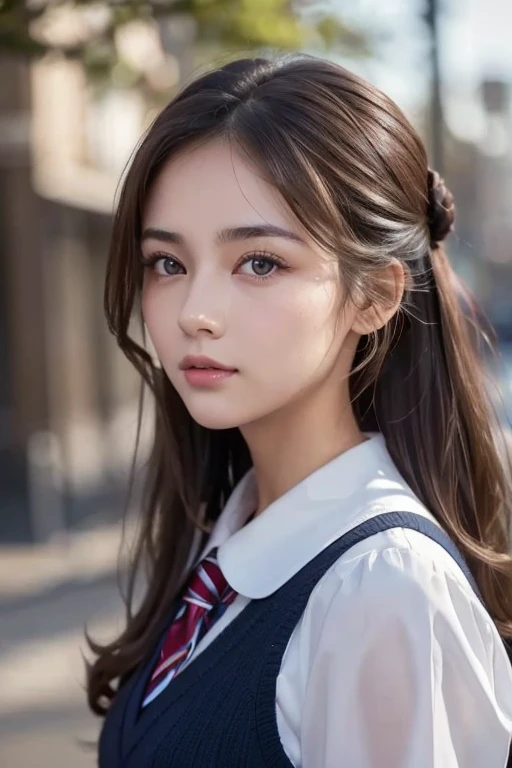   Brown Hair  ,  Dark Eyes,   white skin,  Face like a goose egg  , atmospheric facial features  ,   tall  , confident、Powerful,   tightened and plump,   high school girl,   school uniform, Curly Hair, Hair Bun, With hairpin, Red Rose, Blue Butterfly, White Rabbit,  sign, Official Quality,  Mysterious in another dimension , Light and Dark,   correct ratio, aesthetics,   vibe,