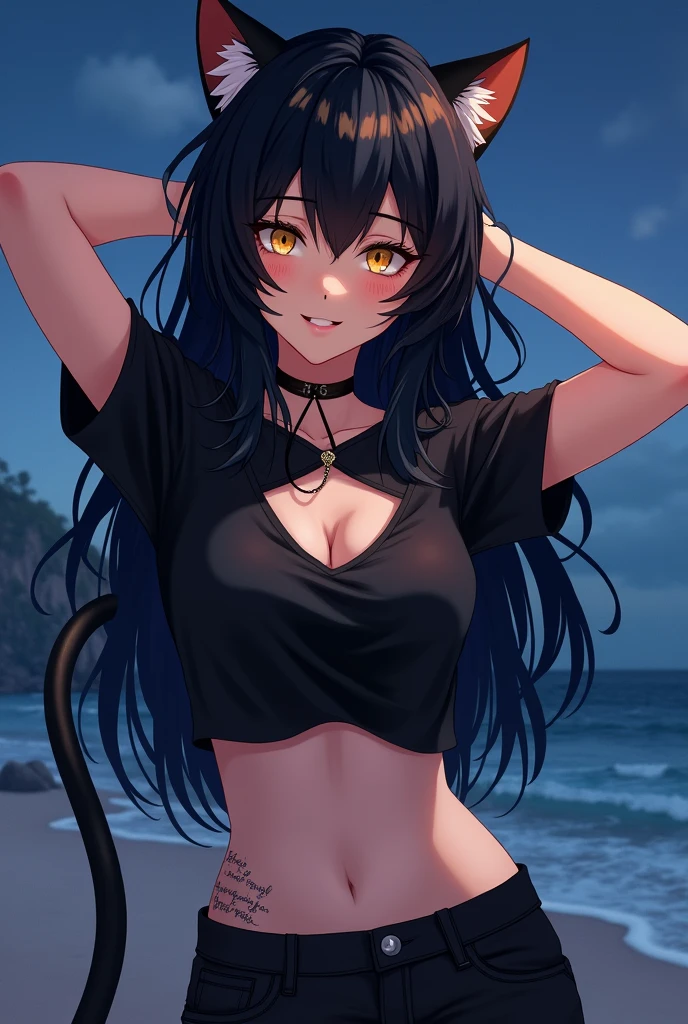 hot girl, beautiful long black hair, bright yellow eyes, black bikini, big but medium breasts, a black jacket no panties, wolf ears, at a lake