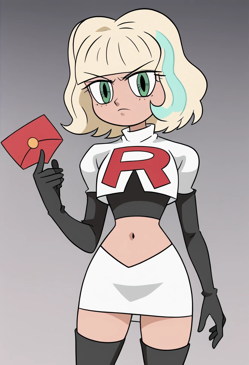 jackiel, blonde hair, 1girl, green eyes, solo, multicolored hair, short hair, bangs, team rocket,team rocket uniform,white skirt,red letter R,crop top,black thigh-highs,black elbow gloves, looking at viewer, score_9,toon \(style\),