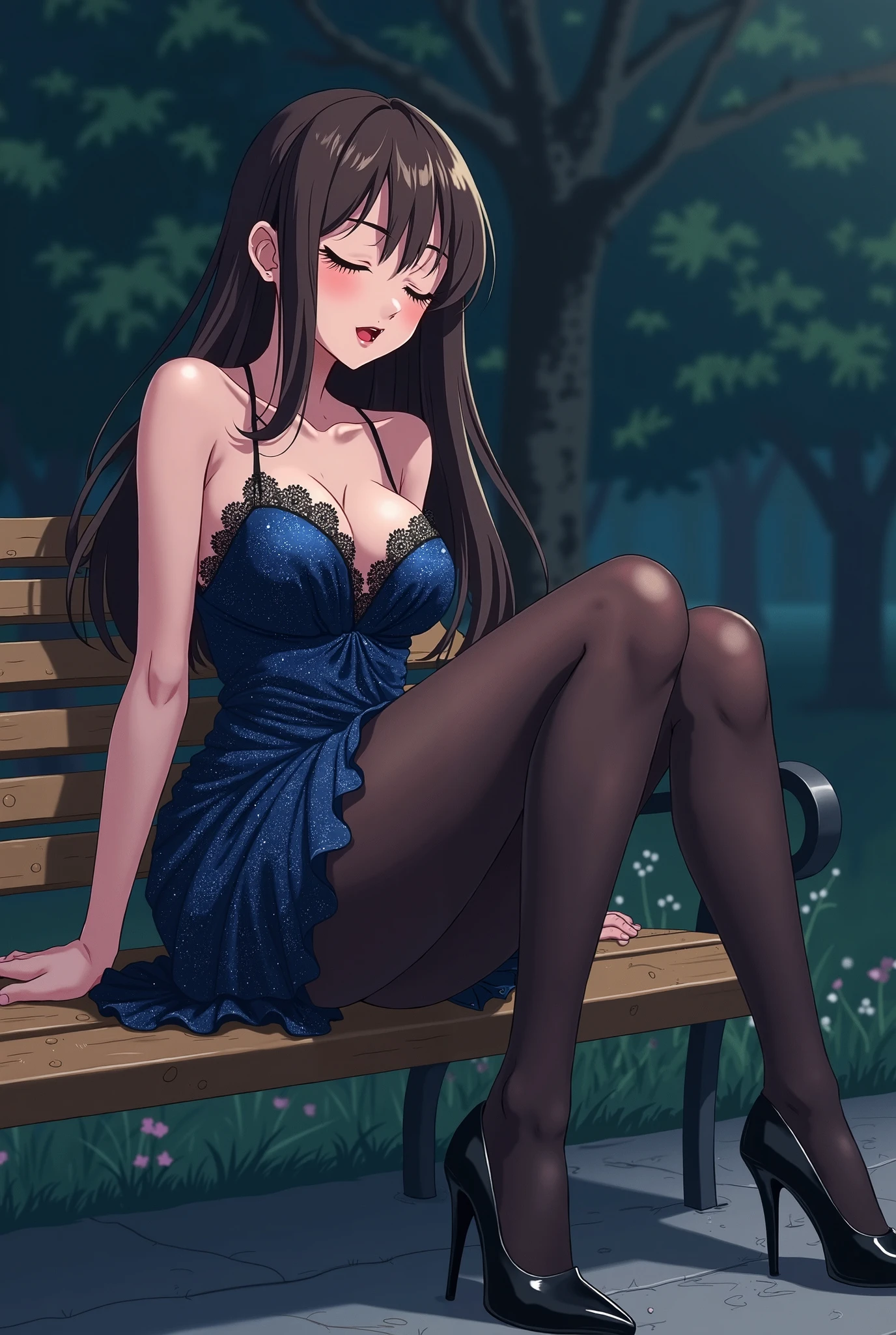 ((full body:1.5)), best quality, high resolution, unity 8k wallpaper, (illustration:0.8), (beautiful detailed eyes:1.6), extremely detailed face, perfect lighting, extremely detailed CG, (perfect hands, perfect anatomy), kasumigaokautaha, ((full body:1.4)) ((slim body)), ((perfect body)), ((slim legs)), utaha kasumigaoka, black hair, hairband, long hair, (red eyes:1.5), masterpiece, best quality, highres, kasumigaoka utaha, 1girl, solo, ((standing:1.4)), medium breasts, blushing, black hair, hairband, red eyes, ((white hairband:1.4)), bangs, medium breasts, blushing, ((wide smile:1.4)), cowboy shot, ((looking at viever:1.4)), ((naked upper body:1.4)), ((black stockings:1.4)), ((black lace panties:1.4)) ((show feets:1.4)), ((forest background:1.4)), ((night day:1.4)), ((sky from below:1.4))