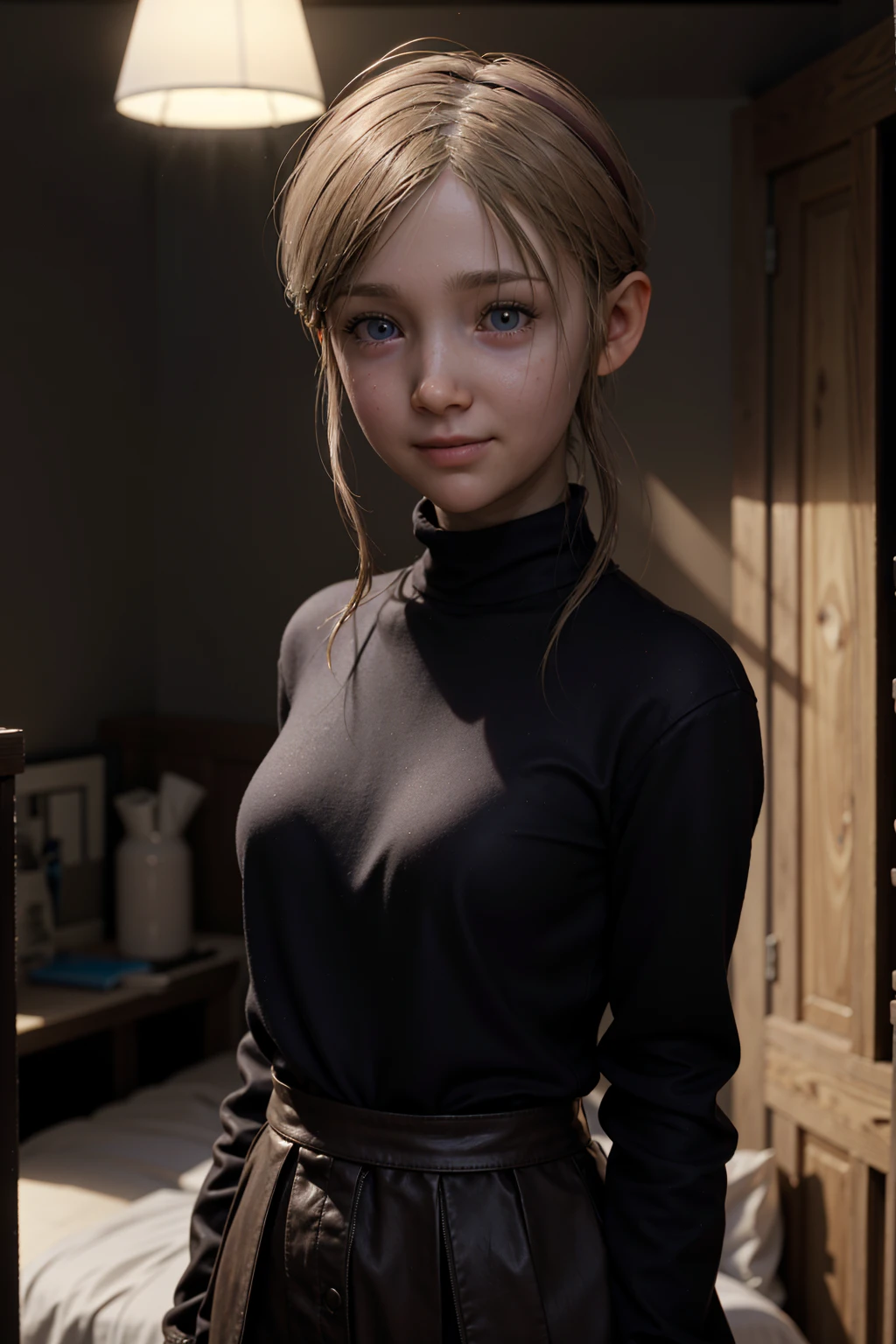 A stunning intricate full color portrait Ultra-HD, movie style,  age, happy look, glow, eye shadow, 1girl, Depth & Perspective, smiling face, fine face, She's standing from behind in the bedroom, indoors, bed in the background, wearing a black turtleneck,  epic character composition,  alessio albi,  nina masic,  sharp focus,  natural lighting,  subsurface scattering,  f2,  35mm, highlight lighting, global lighting –uplight –v 4, cinematic, Cinematic lighting, 8K, high quality, Highest Quality, (Solo Focus), (extremly intricate:1.3), (Realistic), masterful, Analog style, (Film grain:1.5), (cold tone),