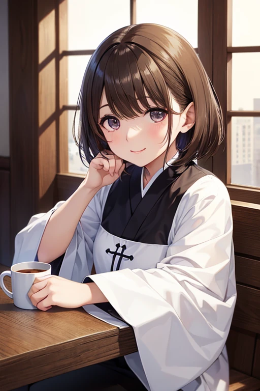 detailed、(Real、Photorealistic、Photorealistic:1.37)、oil、Portraiture、colorful、pastel colour、Soft lighting、garden、Serene atmosphere、Captivating smile、Pure and innocent、Golden Hour、Slightly blurred background、Bright colors、Happy expression、Brown Hair、Semi-long hair、Natural lighting、Floating Petals、Dreamy atmosphere、Breeze、Delicate features、Fluffy cat ears、Drinking tea、