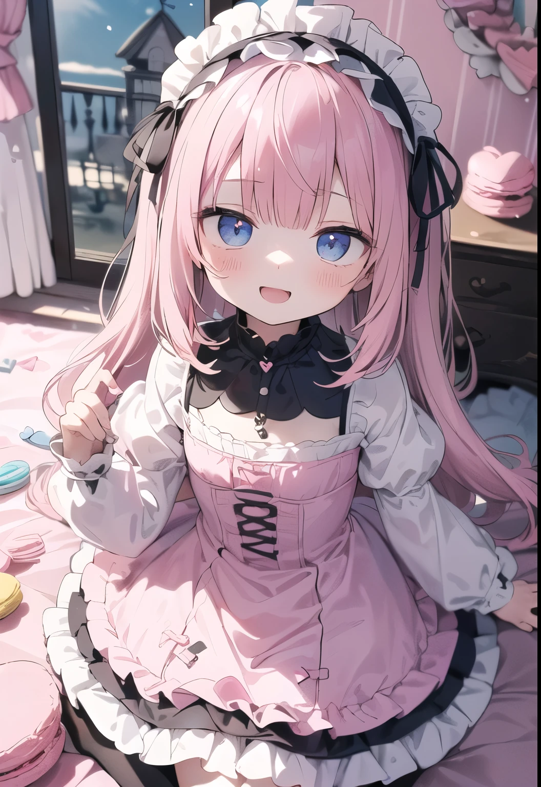 Anime girl with pink hair and blue eyes sitting on a bed - SeaArt AI