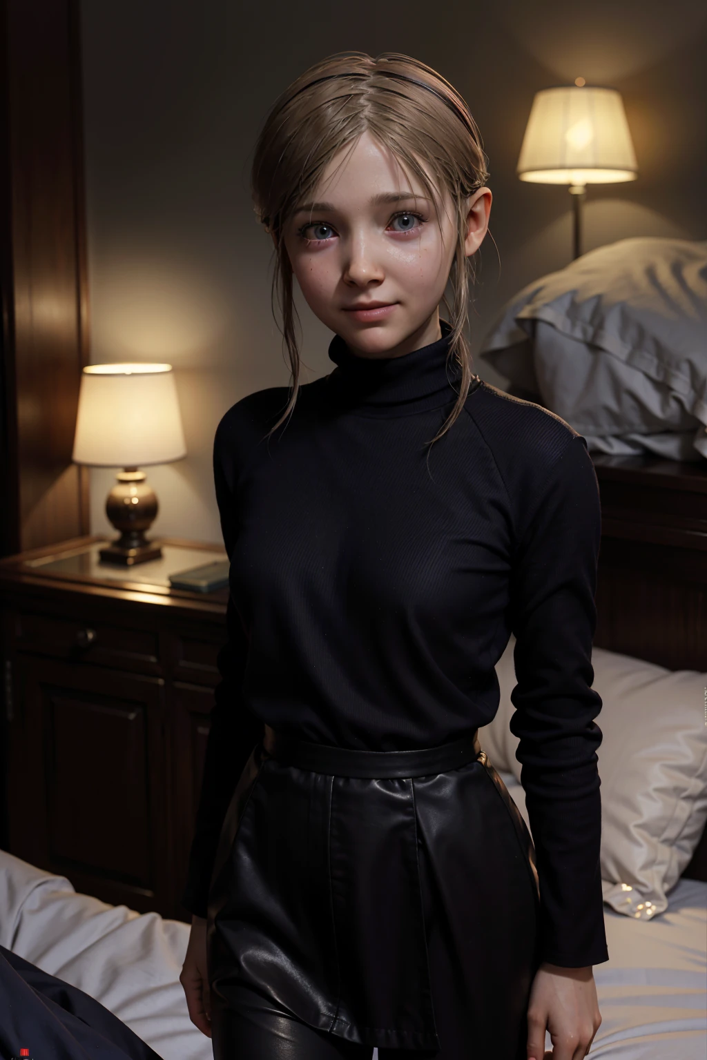 A stunning intricate full color portrait Ultra-HD, movie style,  age, happy look, glow, eye shadow, 1girl, Depth & Perspective, smiling face, fine face, She's standing from behind in the bedroom, indoors, bed in the background, wearing a black turtleneck,  epic character composition,  alessio albi,  nina masic,  sharp focus,  natural lighting,  subsurface scattering,  f2,  35mm, highlight lighting, global lighting –uplight –v 4, cinematic, Cinematic lighting, 8K, high quality, Highest Quality, (Solo Focus), (extremly intricate:1.3), (Realistic), masterful, Analog style, (Film grain:1.5), (cold tone),