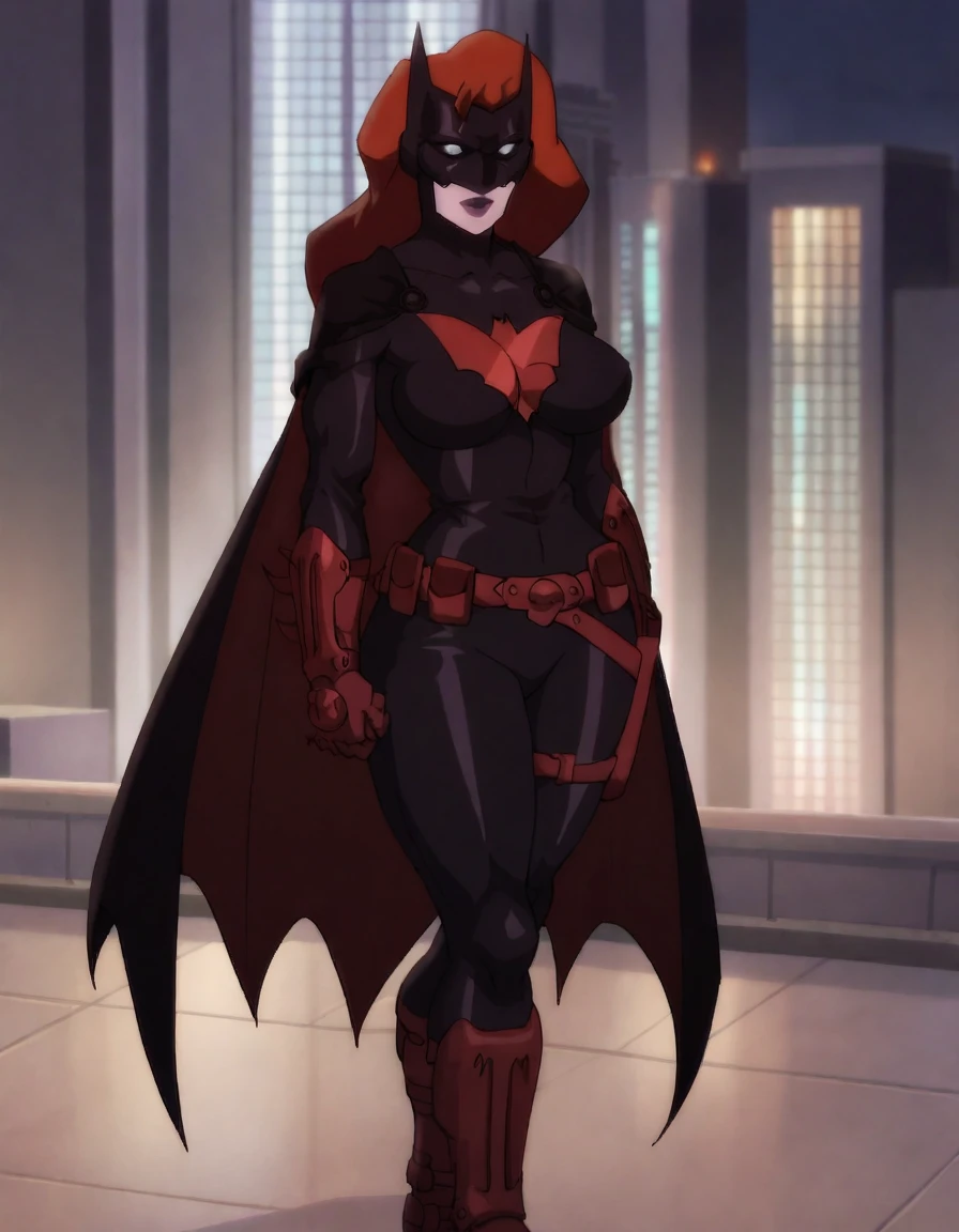 score_9, score_8_up, score_7_up, 
Batwoman, pale skin, long hair, red hair, black bodysuit, lipstick, mask, white sclera, bat cape, red bat gloves, red belt, upper body, Muscles, 6 pack, smiling, Huge Breasts, Huge Butt, Huge Thick Thighs, Wide Hips, Cyberpunk Gothic city Background, Batwoman facing forward to viewer,