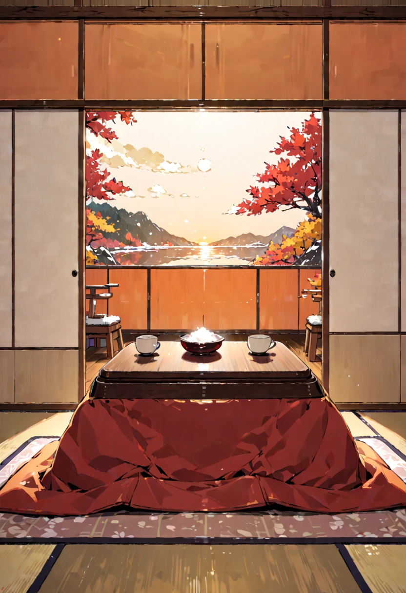 scenery, in the room, Kotatsu in center of room, warm color, cute, a front view