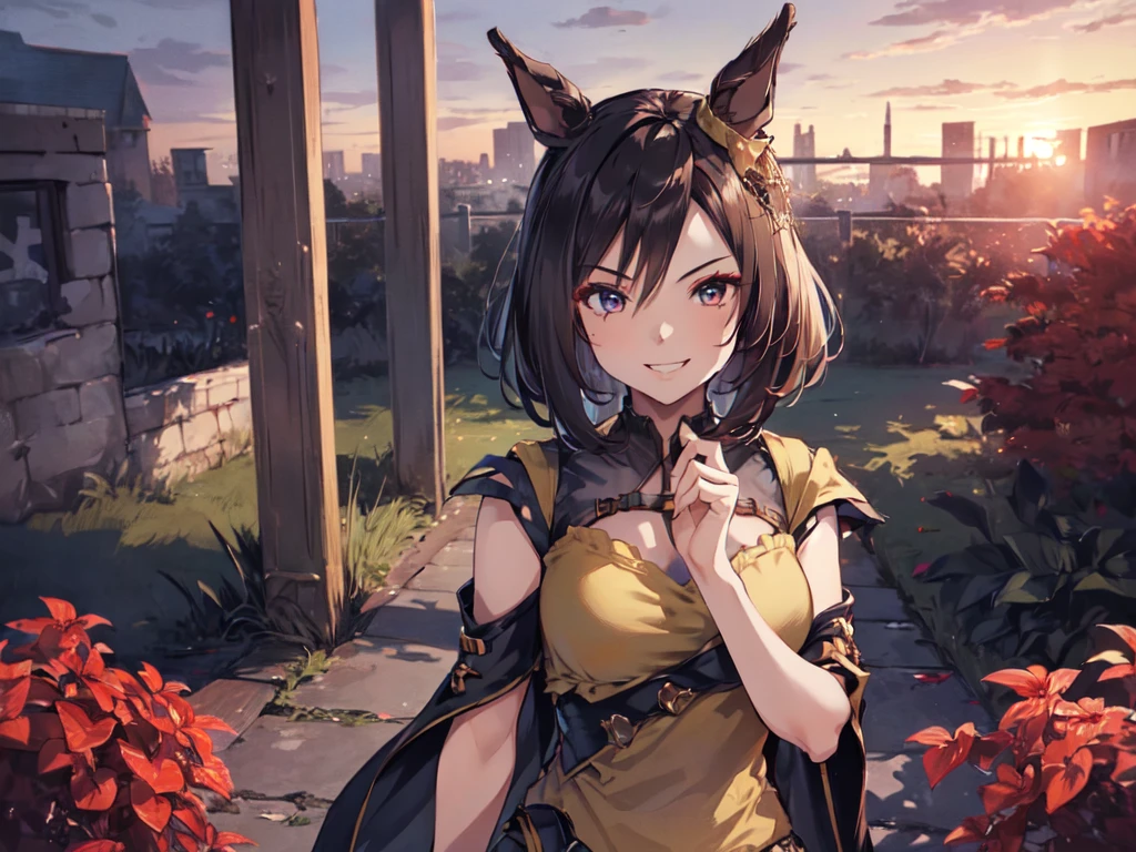 (Solo:2), (1 female:2), (Durandal, yellow outfit), (Short fingers, short arms, short legs), (Horse ears), (Smiling, looking at camera), (Castle's red garden), (Sunset), (Focus on chest), (Carefully drawn, amazing artwork, best quality, high resolution, 8K, detailed, delicate),