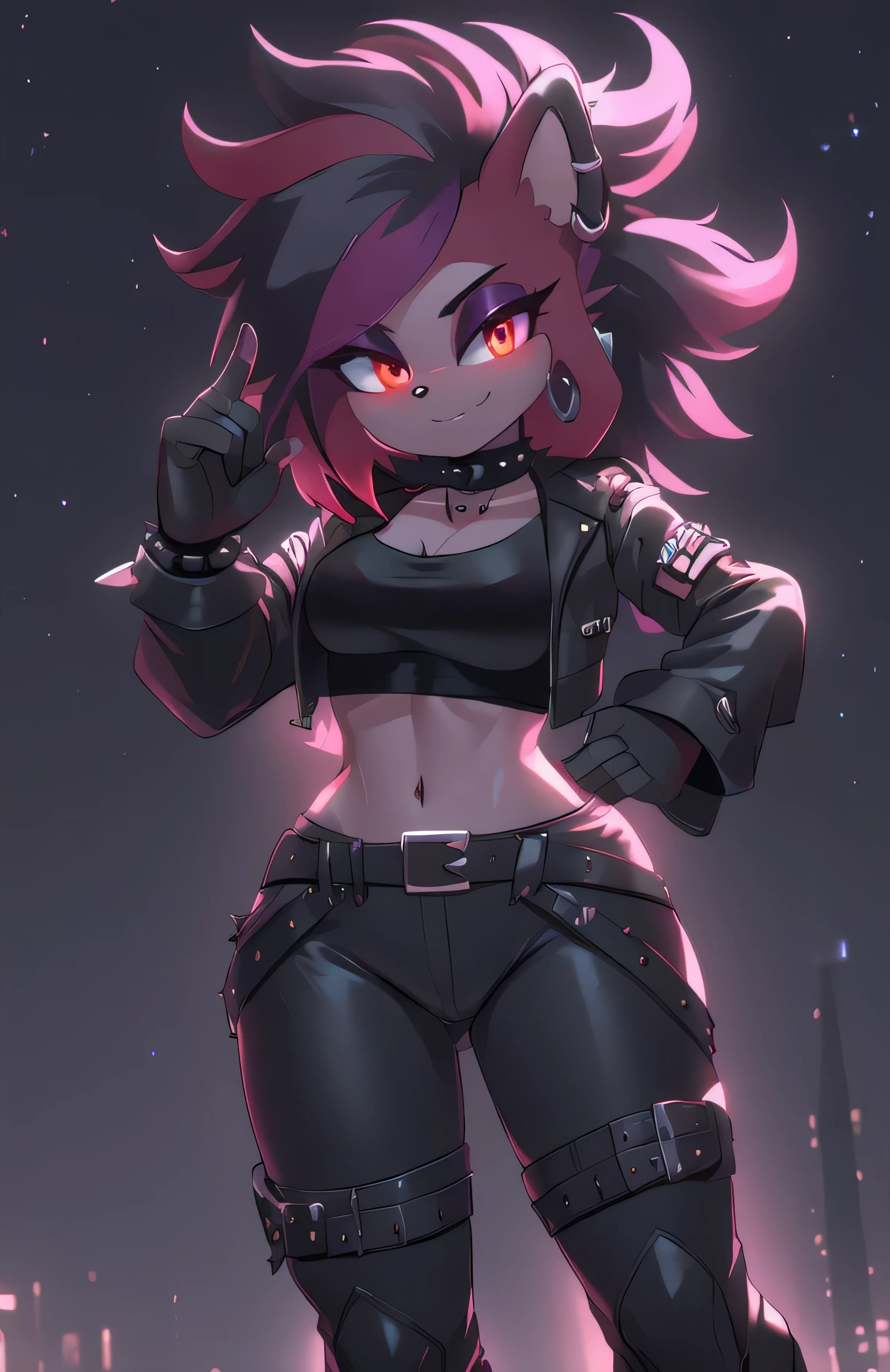 ((masterpiece)) ((UHD)) 4K, High detailed, ((detailed shadowing)) Female anthropomorphic hedgehog, mobian, black fur, furry, Anime style art, Studio Quality, Atractive, gorgeous body, portrait, Best Quality, High resolution, breasts, midriff, multicolored hair black messy long Punk Hair with crimson highlights, long bangs, red eyes, purple eyeshadow, open black leather jacket with magenta lining, black cropped undershirt, belt, spike bracelets, black fingerless gloves, black choker, earrings, black leather pants with magenta stripes, black and crimson punk boots, smug, tactical straps, holster, Looking at viewer, finger gun, ((nighttime)) ((starry sky)) ((ambient lighting)) (cinematic lighting)) helicopter pad