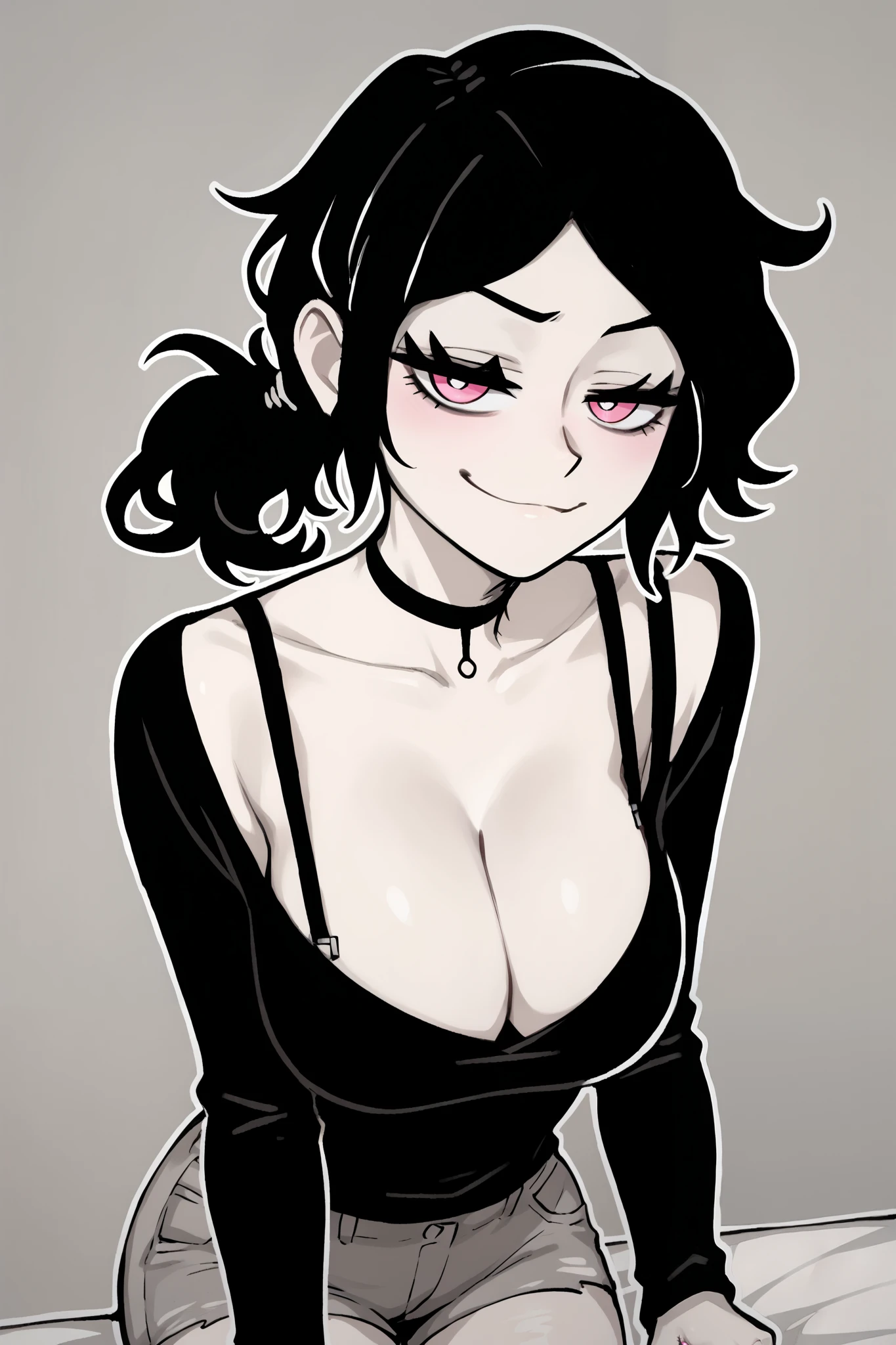 short black hair, ,1girl,solo,yellow eyes, nipple visible through clothes,, masterpiece, absurdres, high quality,heart pupils, curvy,bangs,, massive breasts, curvy, black lipstick,pale skin,fishnet bra,smoke, mole, cowgirl position sex breast grab,simple background