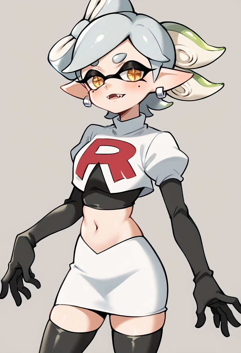 score_9, score_8_up, score_7_up, source_anime,
splatoonmarie, marie, fangs, grey hair, mole, mole under eye, pointy ears, short hair, yellow eyes, domino mask, mask, tentacle hair,
earrings, jewelry, short hair, blush,
solo, team rocket,team rocket uniform,white skirt,red letter R,crop top,black thigh-highs,black elbow gloves, looking at viewer, cowboy shot,