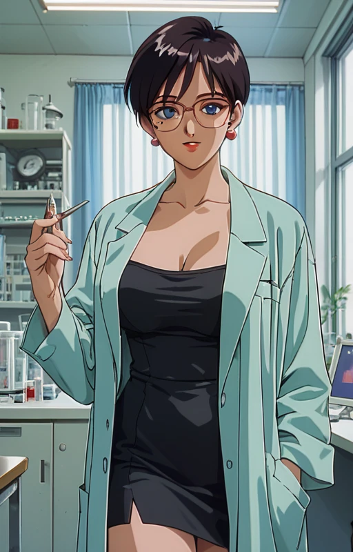   One girl , earrings for women with first name, gem, retro art style for stilets,  Shorthair, 1990s ( style for stilets),  blue eyes, mole,  black hair, Glasses, lab coat ,  Pencil Skirts ,mole under left eye, masterpiece,Science Room,clavicle, Big Breasts ,Thighs,shin,