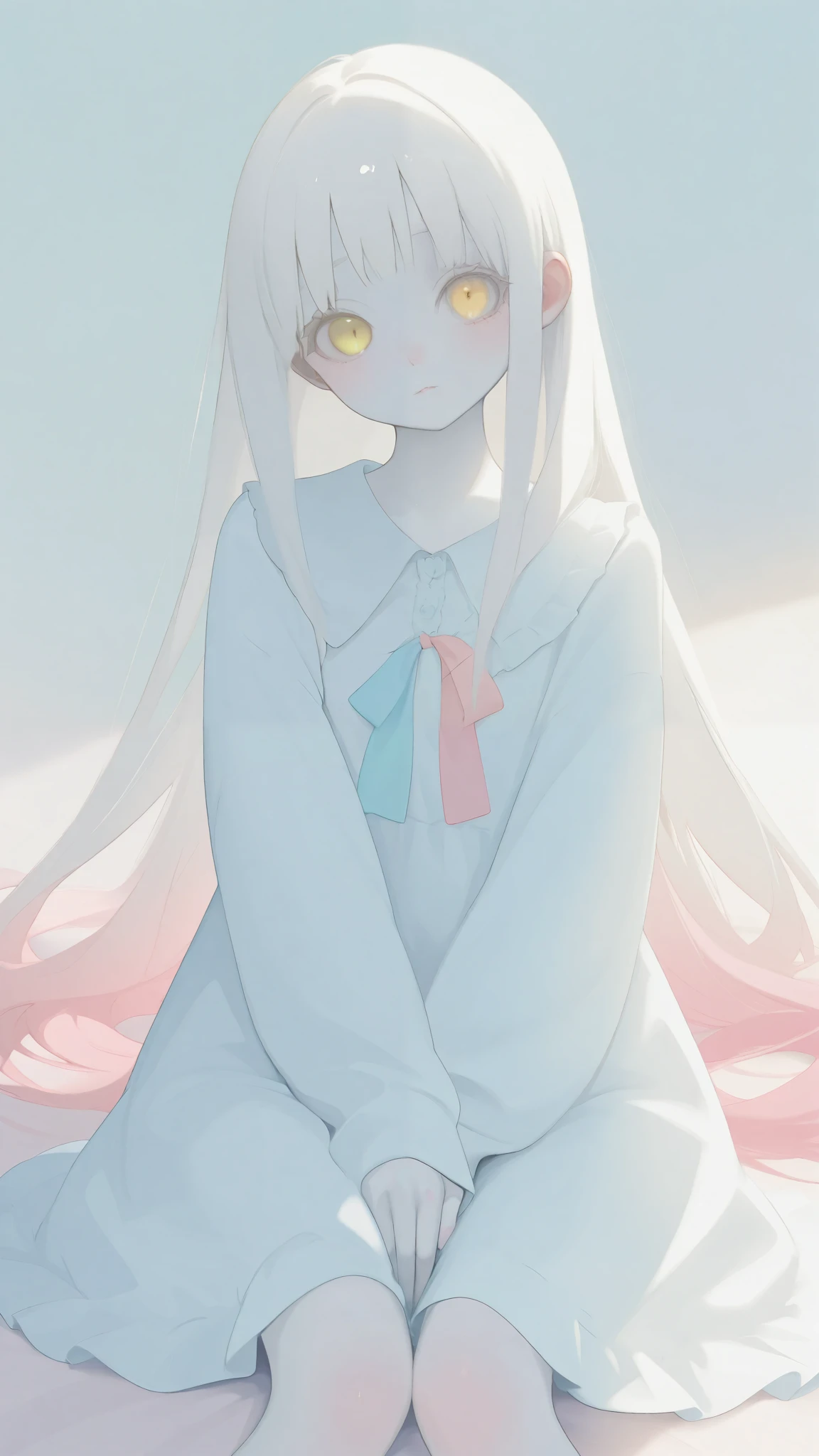  bright color:1.7、   pastel colors that lose luster   :1.7、( top quality 、masterpiece、    very detailed、    One Girl   、((非常に  cute face)) , ((   long hair )), Long white hair,   very long straight hair , Short bangs, Albino white skin, Pale yellow eyes ,    realistic feel that conceals female genitals  ,   cute face、Silky Short Blonde、 Knee、    Gothic Fashion、    very detailed目、  cute face、 bright color:1.7、   pastel colors that lose luster   :1.7