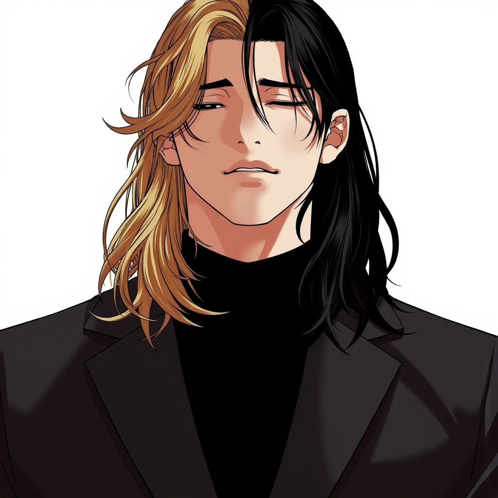 A scene in "Lookism" Manhwa featuring a Tall male athletic figure with long straight black and gold hair, sharp angular facial features, Elegant tall male figure, flowing golden wavy hair past shoulders, black turtleneck, slim fit dark clothing, confident relaxed pose, strong jawline, intense gaze, muted color palette, muscular and stern. dual colored hair, tired and extremely sleepy eyes, eyebags. extremely tired half closed eyes