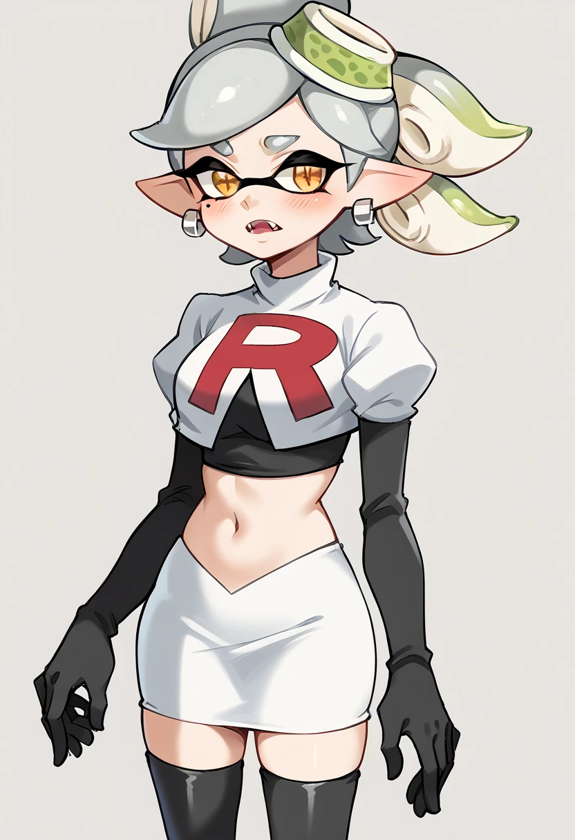 score_9, score_8_up, score_7_up, source_anime,
splatoonmarie, marie, fangs, grey hair, mole, mole under eye, pointy ears, short hair, yellow eyes, domino mask, mask, tentacle hair,
earrings, jewelry, short hair, blush,
solo, team rocket,team rocket uniform,white skirt,red letter R,crop top,black thigh-highs,black elbow gloves, looking at viewer, cowboy shot,