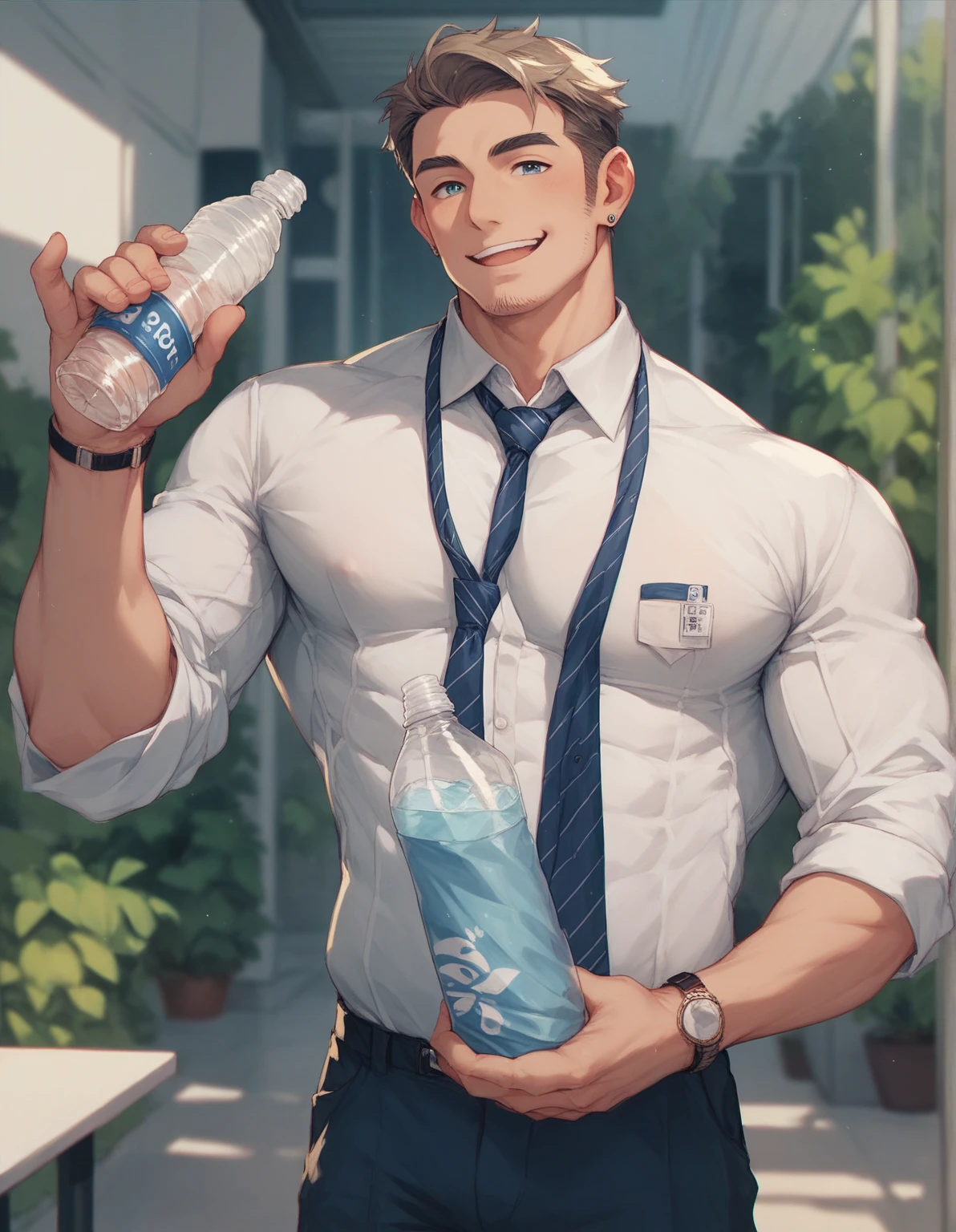 masterpiece, best quality, highly detailed, handsome black man, shirtless, holding a bottle of milk , pouring milk, drink, tongue out, sexy, flirty, naughty , beautiful hazel brown eyes , masculine, stocky, looking to camera, perfect hands, cartoon, 32k --auto --s2