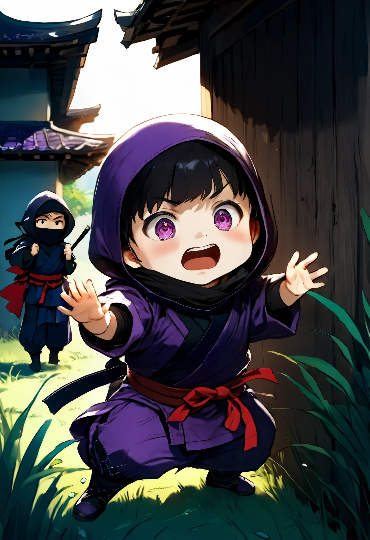  small mascot character artwork ,  boy in purple ninja cosplay, Clumsy character ,  ninja trying to hide in ninjutsu and failing,  trying to hide behind tall grass ,  Ninjas are excited and can't hide their breath , Passers-by find out my identity and I'm surprised, Passers-by flying when they see a ninja , Vacant lot in a residential area ,  there are many passers-by for one ninja ,  it's about time of nightfall 。