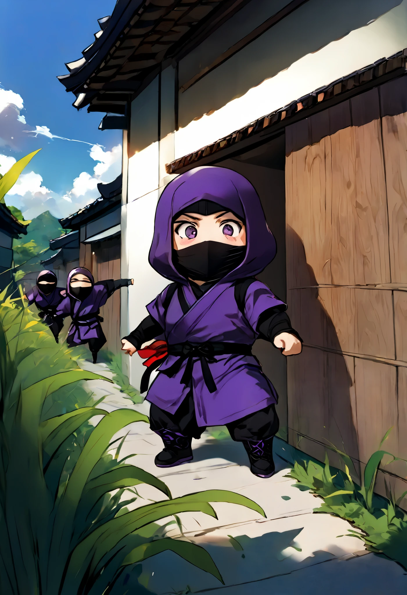  small mascot character artwork ,  boy in purple ninja cosplay, Clumsy character ,  ninja trying to hide in ninjutsu and failing,  trying to hide behind tall grass ,  Ninjas are excited and can't hide their breath , Passers-by find out my identity and I'm surprised, Passers-by flying when they see a ninja , Vacant lot in a residential area ,  there are many passers-by for one ninja ,  it's about time of nightfall 。