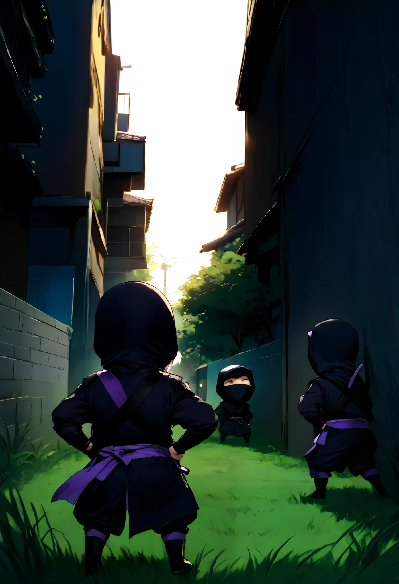  small mascot character artwork ,  boy in purple ninja cosplay, Clumsy character ,  ninja trying to hide in ninjutsu and failing,  they intend to hide behind grass taller than the ninja,  their faces are slightly visible from behind the grass ,  the ninja is excited and has a rough snort and can't hide their breath , Passers-by find out my identity and I'm surprised, Passers-by flying when they see a ninja , Vacant lot in a residential area , One ninja has two passers-by ,  it's about time of nightfall 。