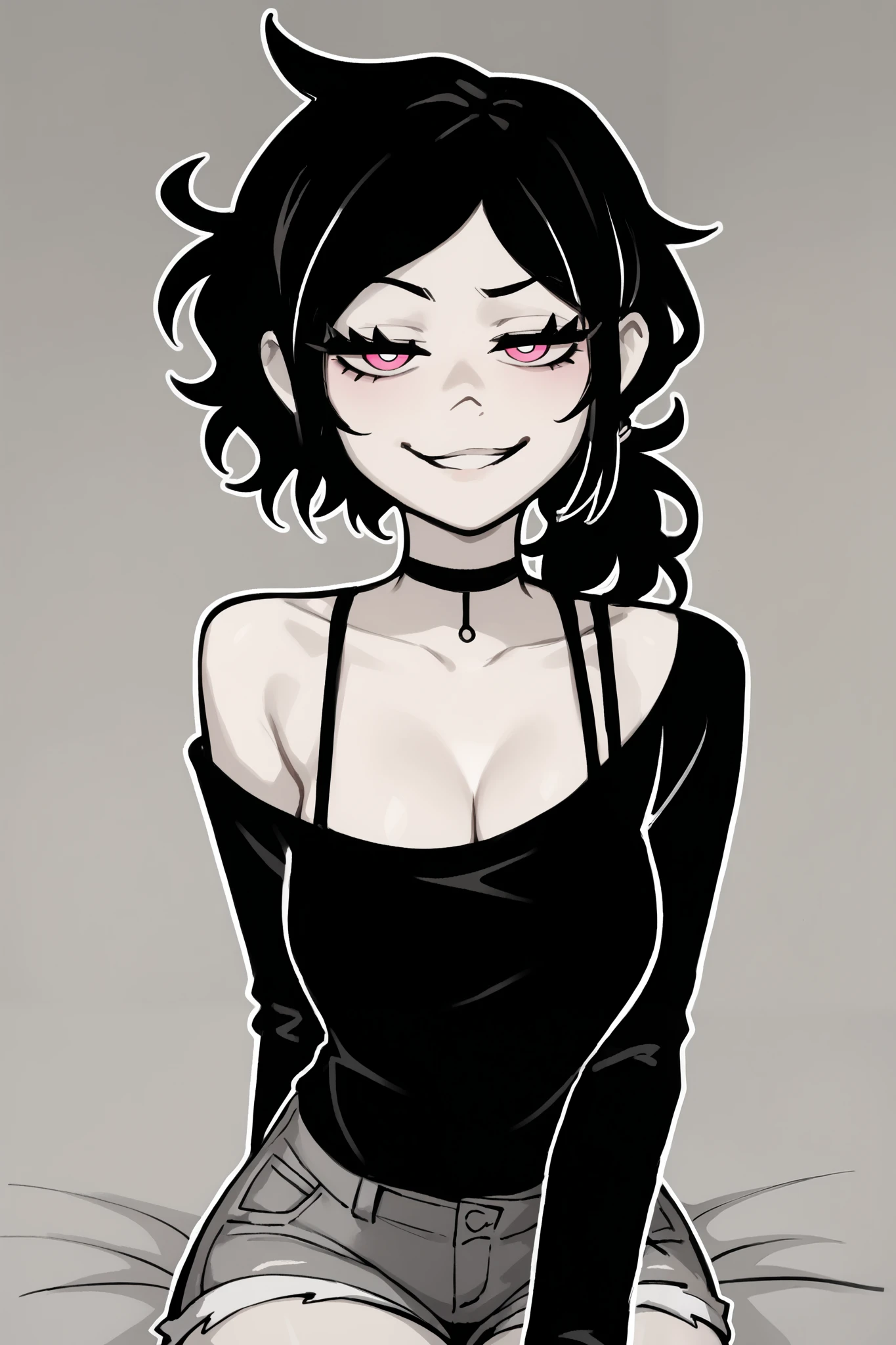 ((ashley graves)), ((masterpiece)), ((greyscale)), ((cartoon style)), ((outline)), ((monochrome)), {(attractive figure), (eccentuated curves), (pale skin), (black hair), (low ponytail), (pink eyes), (half lidded eyes), (long eyelashes), (smug grin)}, {(black off-shoulder shirt), (cleavage), (bra straps), (long sleeves), (jean shorts), (choker)}, {(looking at viewer)},