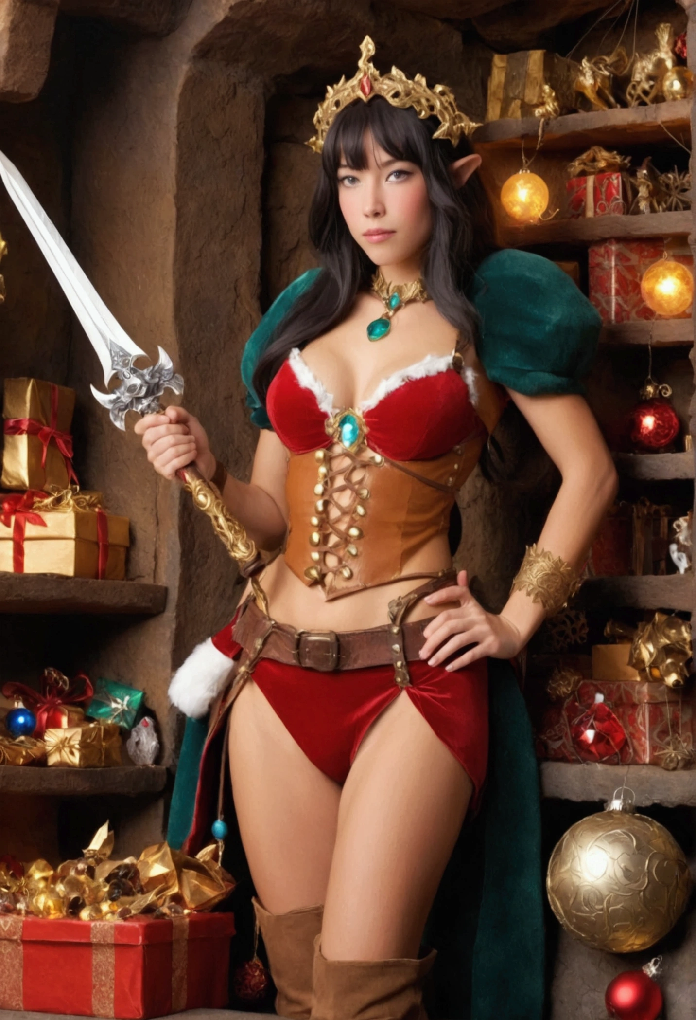 (4K), (Realistic), (high details), In a christmas movie, christmas background, full body picture, girl in red and white outfit holding a snowboard, forest hunter lady, elf girl, alluring elf princess knight, elf princess knight, fantasy style, barbarian warrior woman, a very beautiful berserker woman, cavewoman, female barbarian, erza scarlet as a real person, natalie from epic battle fantasy, north female warrior, anime goddess, captured from pro phrotogrpaher with pro camera