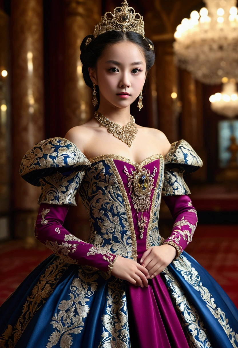 (medium full shot) of (tantalizing harlot) young woman, japanese, tan skin, hazel eyes, voluptuous build, short red single braid hair, wearing a purple ball gown, fishnet stockings, satin shoes, cameo brooch, red lips, silk gloves, set in the 18th century, in  grand theater, chandelier lighting, audience murmuring, stage set with lavish decorations, at night, woman smiling, ,Masterpiece,best quality, photo, realistic, very aesthetic, detailed face,