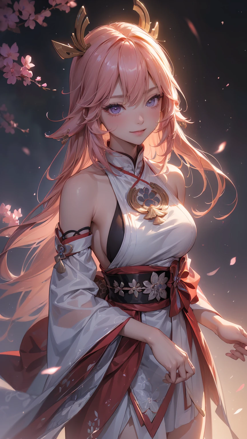 ((yaemikodef)):1.5, ((masterpiece,Highest quality,Highly detailed images,Beautiful images、Dutch Angle)), (In front of the cherry tree、Close-up image of yaemiko、Overall dim lighting、Backlight、Strong backlighting、Fantastic dark atmosphere、Thick Fog、Dust flutters),(Dynamic pose)1.2, sideboob