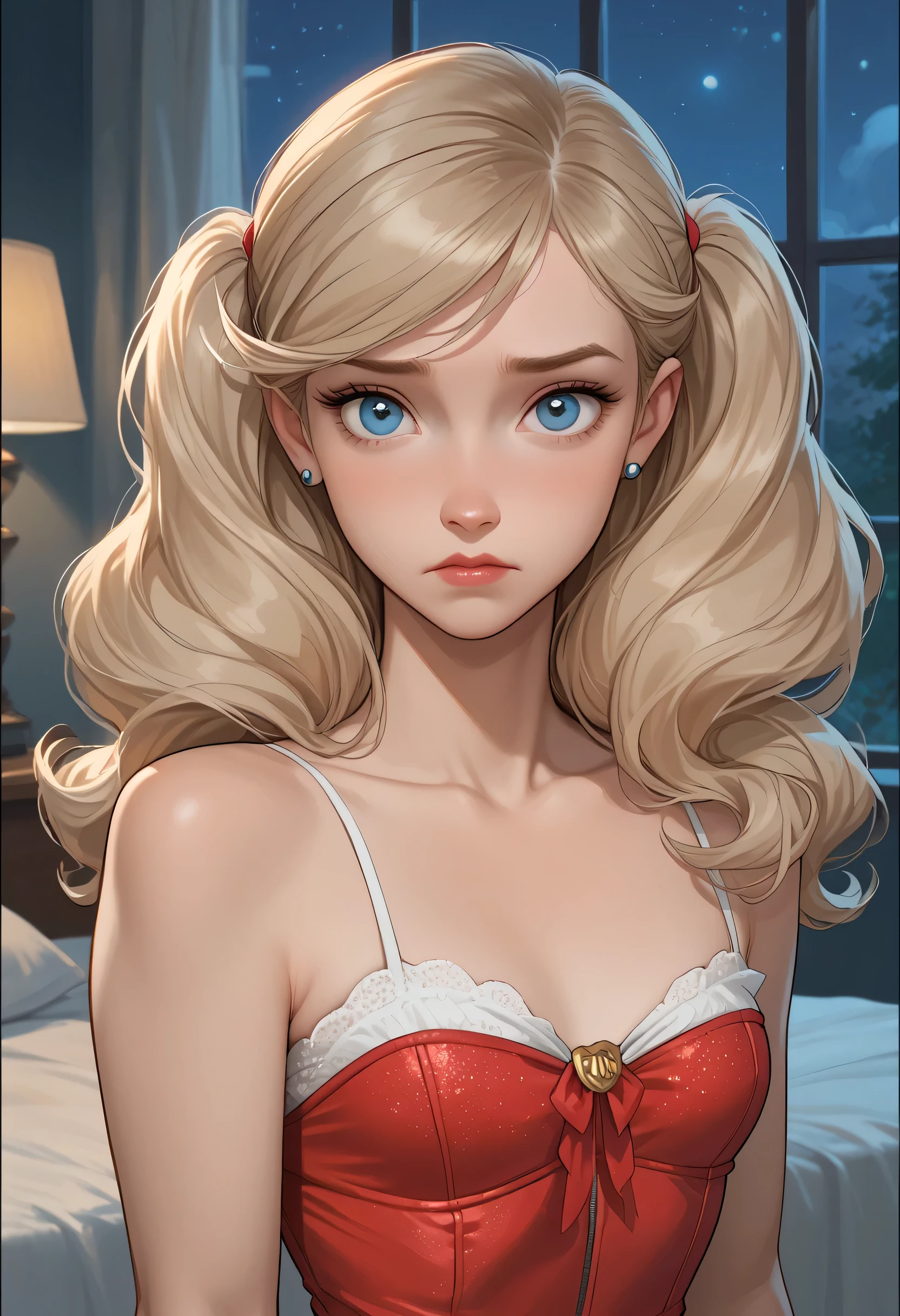 1girl, sad expression, (white topped crop, small breast), ANN TAKAMAKI, looking at viewer, bedroom, portrait. (NIGHT:1.4). score_9, score_8_up, score_7_up. Disney Style.