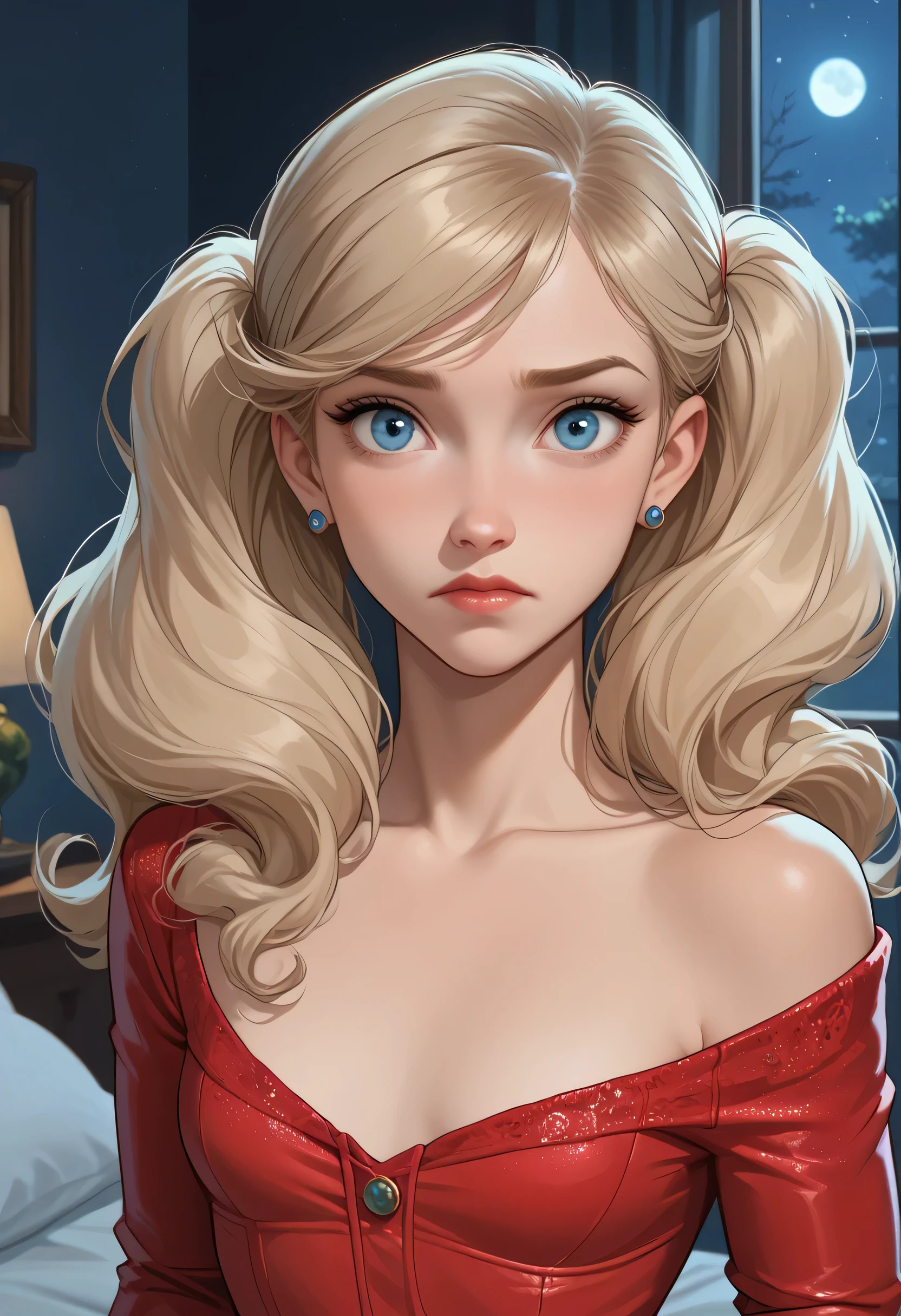 1girl, sad expression, earrings, (small breast), ANN TAKAMAKI, looking at viewer, bedroom, portrait. (NIGHT:1.4). score_9, score_8_up, score_7_up. Disney Style.