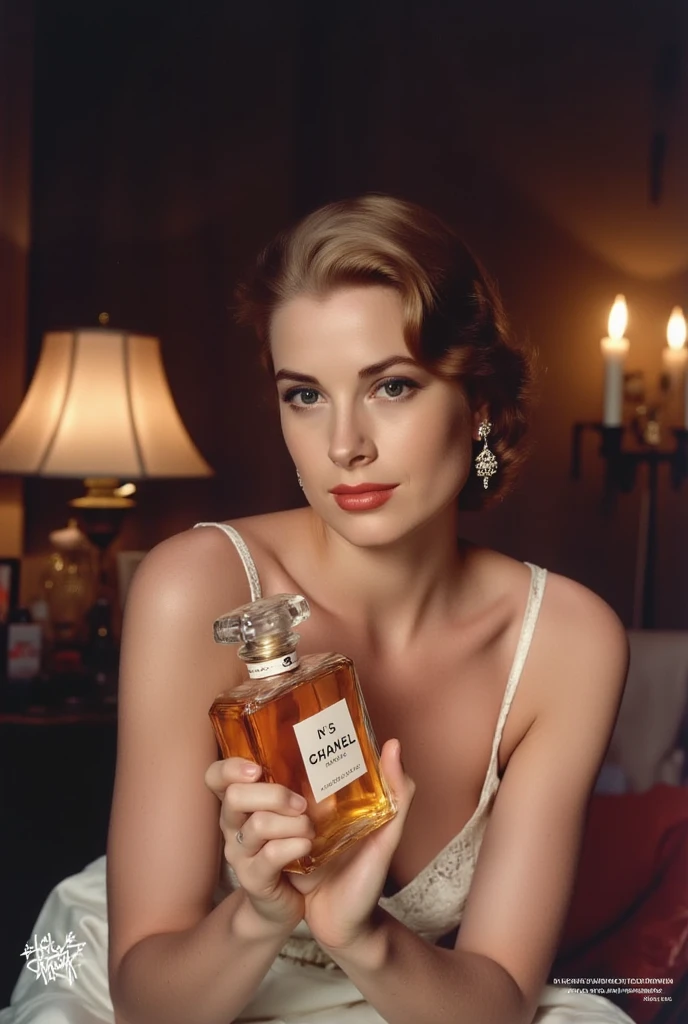 CM poster, (writing Italic word "Chanel's No. 5 for you " written in middle Red decoration of gorgeous letters at the upon the screen),　front view, Grace Kelly, right hand hold   Chanel's No. 5 perfume from own face, smile , middle cut, golden hair,  Chanel design earing,  Red Chanel dinner simple dress,  candle light, in home, night( super detailed,   High Details  ,  High Quality , Accurate,  anatomically correct , textured skin, beautiful fingers  super detailed,   High Details  ,  High Quality ,  High Quality )
