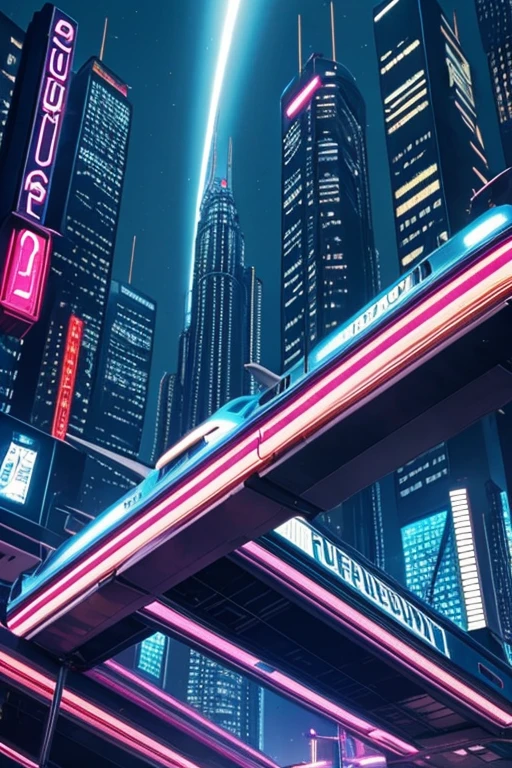  Futuristic city merged with the 1980s, with flying retro cars ,  flying trains and retro screens 